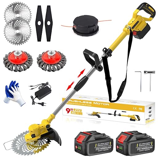 21V Battery Trimmer 4-in-1 Cordless Edge Trimmer with 2 x 4.0Ah Batteries, Weeding Brush, Adjustable Handle, 90° Swivel Head, Cutting Diameter: 25 cm, for Garden Pruning