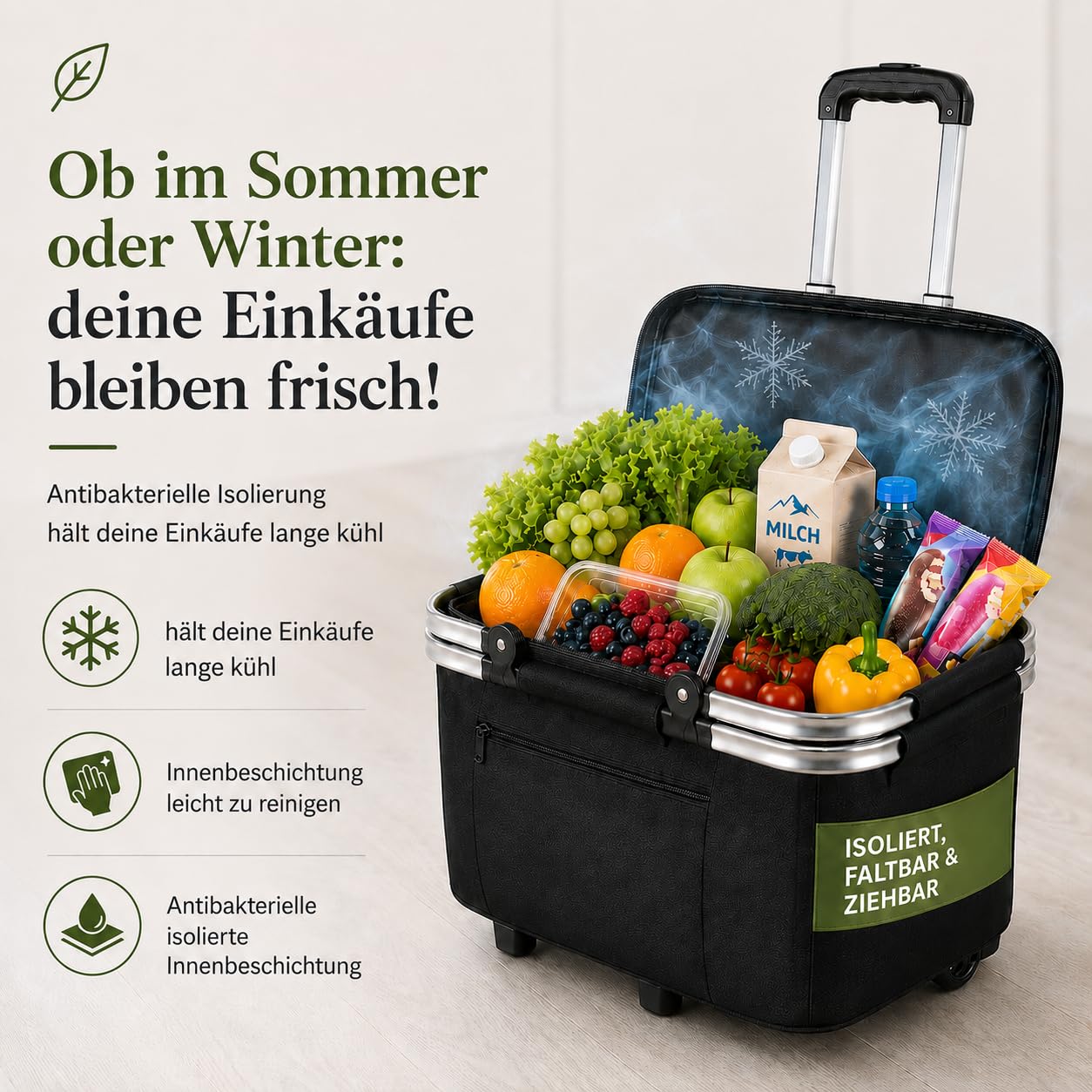 Trolley [faltbar & isoliert 35L] Einkaufswagen | Einkaufstrolley mit Rollen | Mit Kühlfunktion & abnehmbarem Korb – isolierter Einkaufswagen & Kühltrolley für Supermarkt, Wochenmarkt & Camping