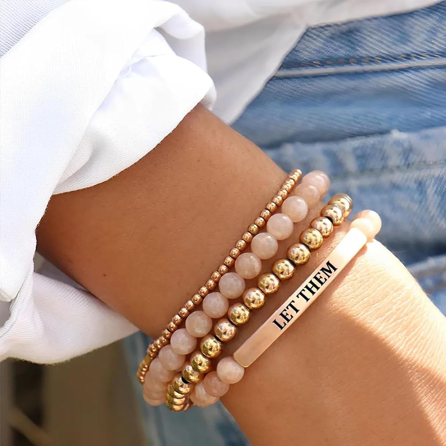 Let Them Bracelet For Women Man, Healing Crystal Beads Gold Cuff Stainless Steel Tube Lettering Engraved Bracelets Trendy Stretch Stackable Jewelry Friendship Gift - Image 3