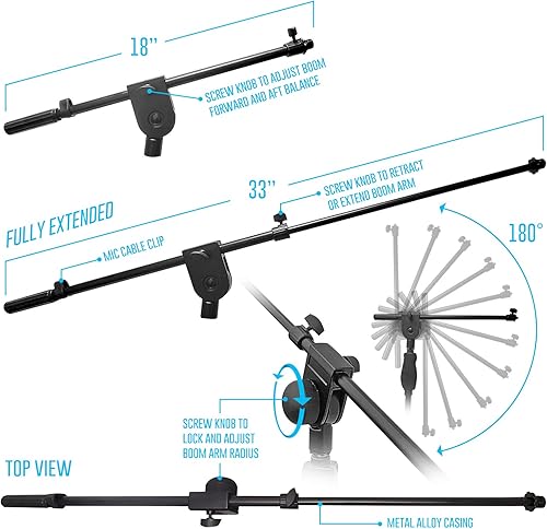 Miniatura 3 de AxcessAbles - Soporte de micrófono de una mano con base redonda pesada y ajuste de altura de agarre rápido, brazo telescópico de micrófono incluido.