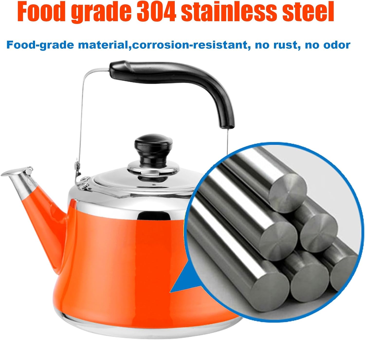 Orange Whistling Tea Kettle for Stove Top, 304 Food Grade Stainless Steel Tea Pot Stove top with Ergonomic Folding Handle Compatible Gas, Induction, Electric Stoves(1L)