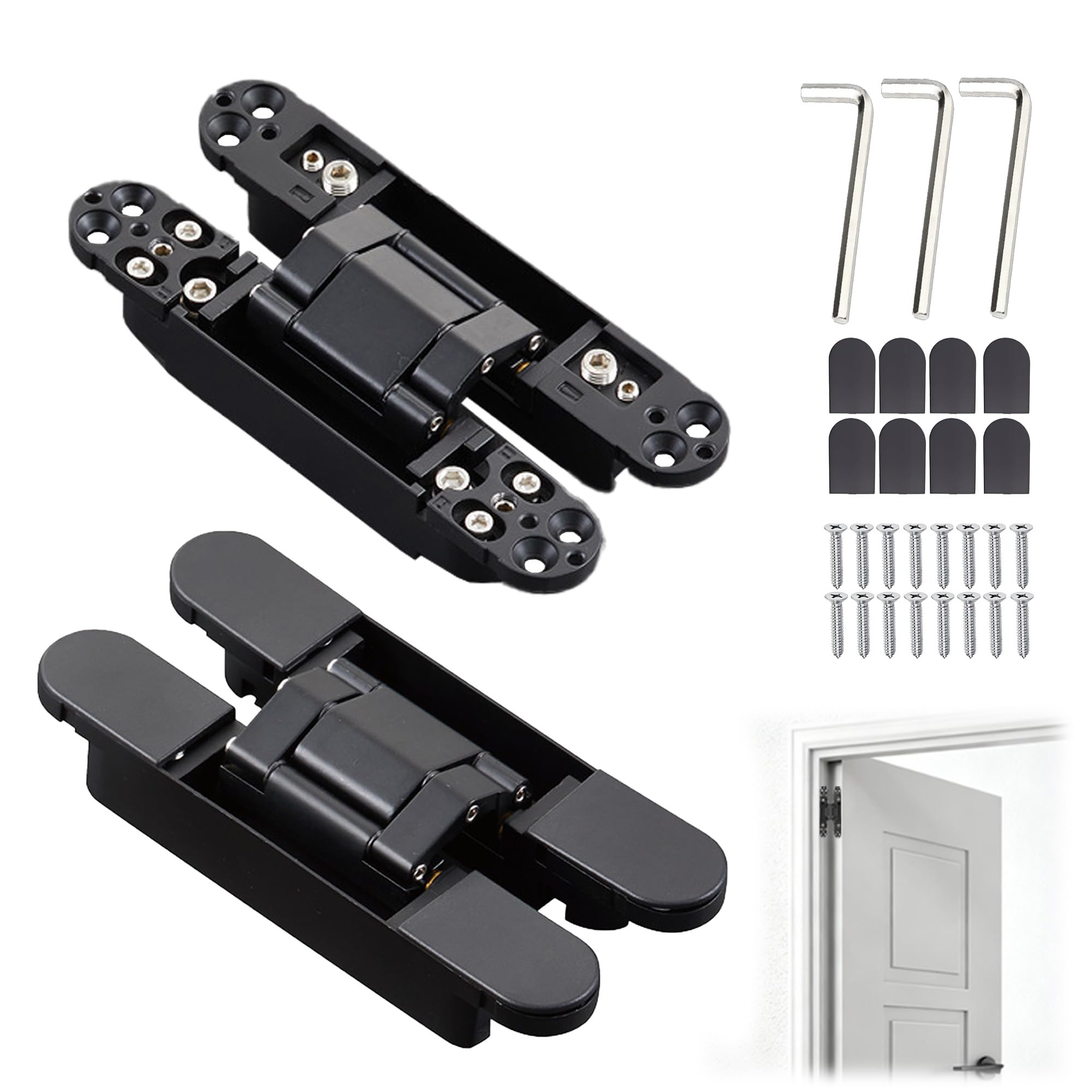 Hidden Door Hinges Black 2 Pack: Zinc Alloy Concealed Hinges 180 Degrees Adjustable 3D Folding Invisible Flush Cupboard Hinge for Wooden and Folding Doors 40kg Capacity