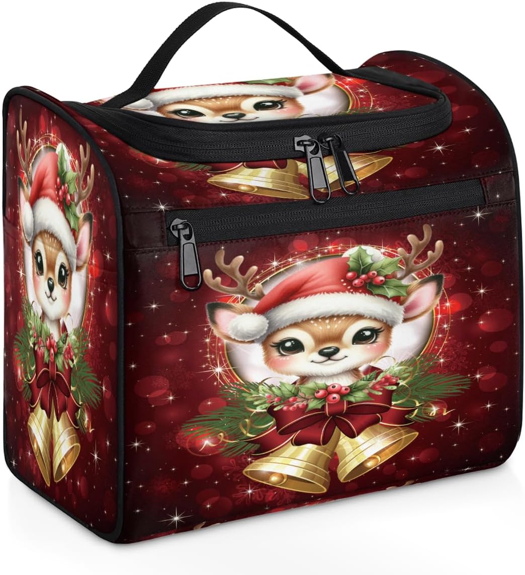 cfpolar Toiletry Bag for Women, Christmas Bells Elk Holly Hanging Travel Toiletry Bag, Water-resistant Cosmetic Makeup Organizer for Toiletries and Cosmetics, Bathroom Shower Bag with Handle and Hook