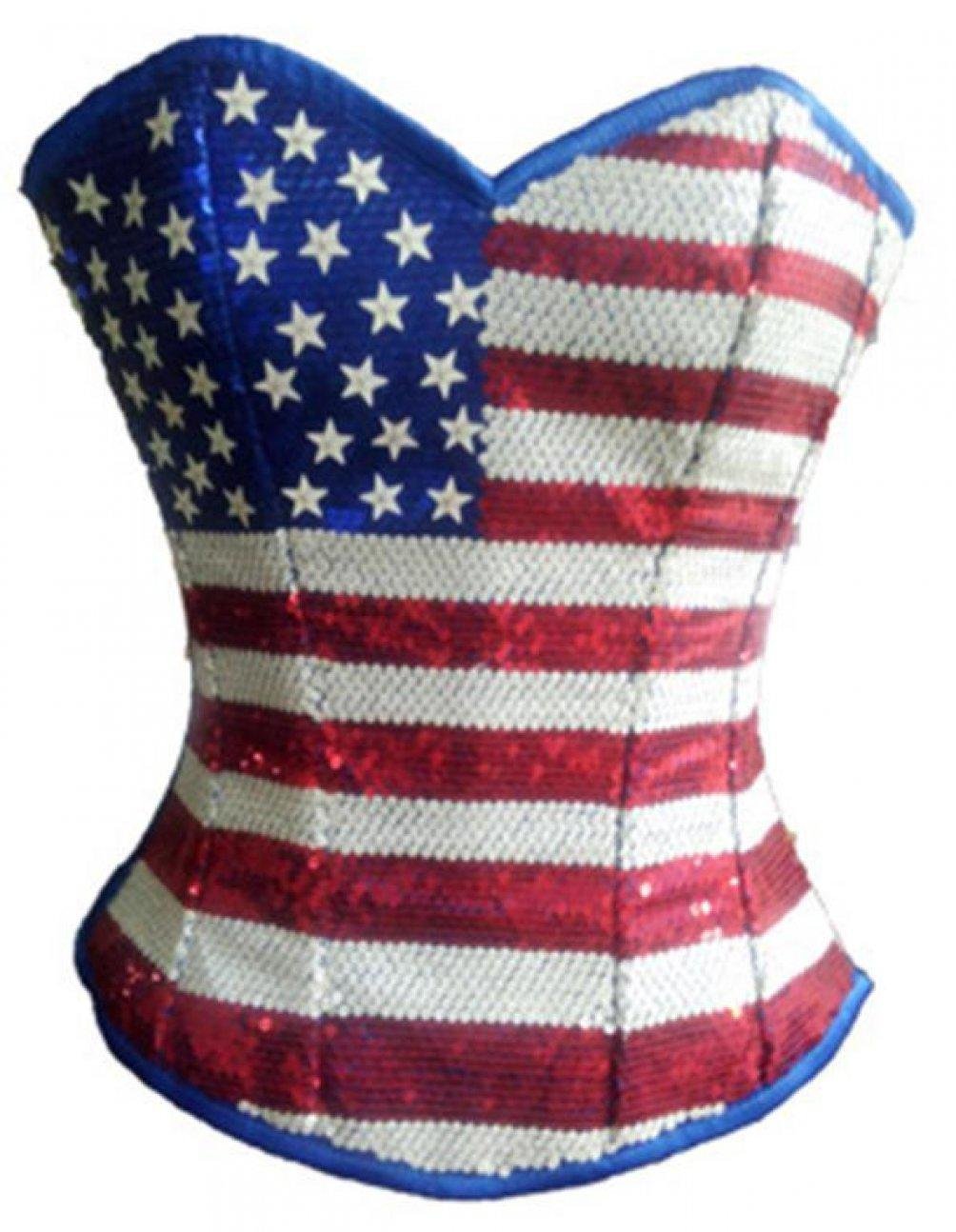 USA Flag Blue Satin Sequins Goth Burlesque Bustier Waist Cincher Overbust Corset