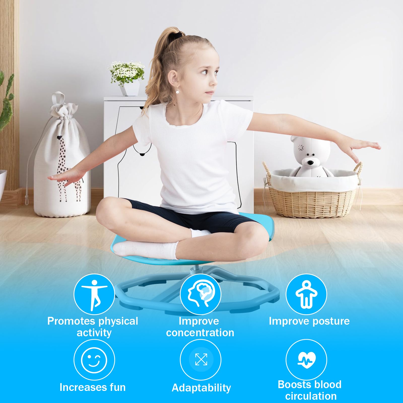 Silla Giratoria para niños,Silla Giratoria Sensorial con Autismo,Asiento Giratorio de 360°,Coordinación y Equilibrio Físico,Silla de Equilibrio,Base Metálica Antideslizante (Azul)