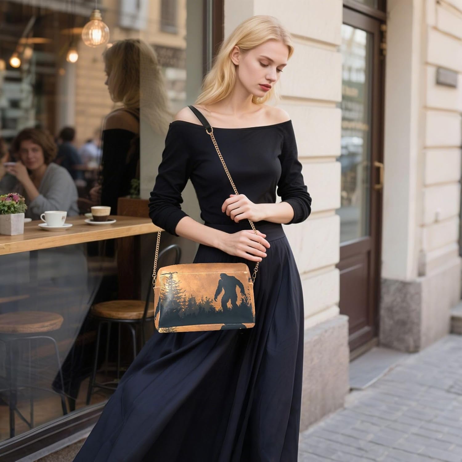 Women Crossbody Bag Shoulder Handbag Cellphone Purse PU Leather Metal Chain Strap Water Resistant Zipper Closure Silhouettes Sasquatch Print