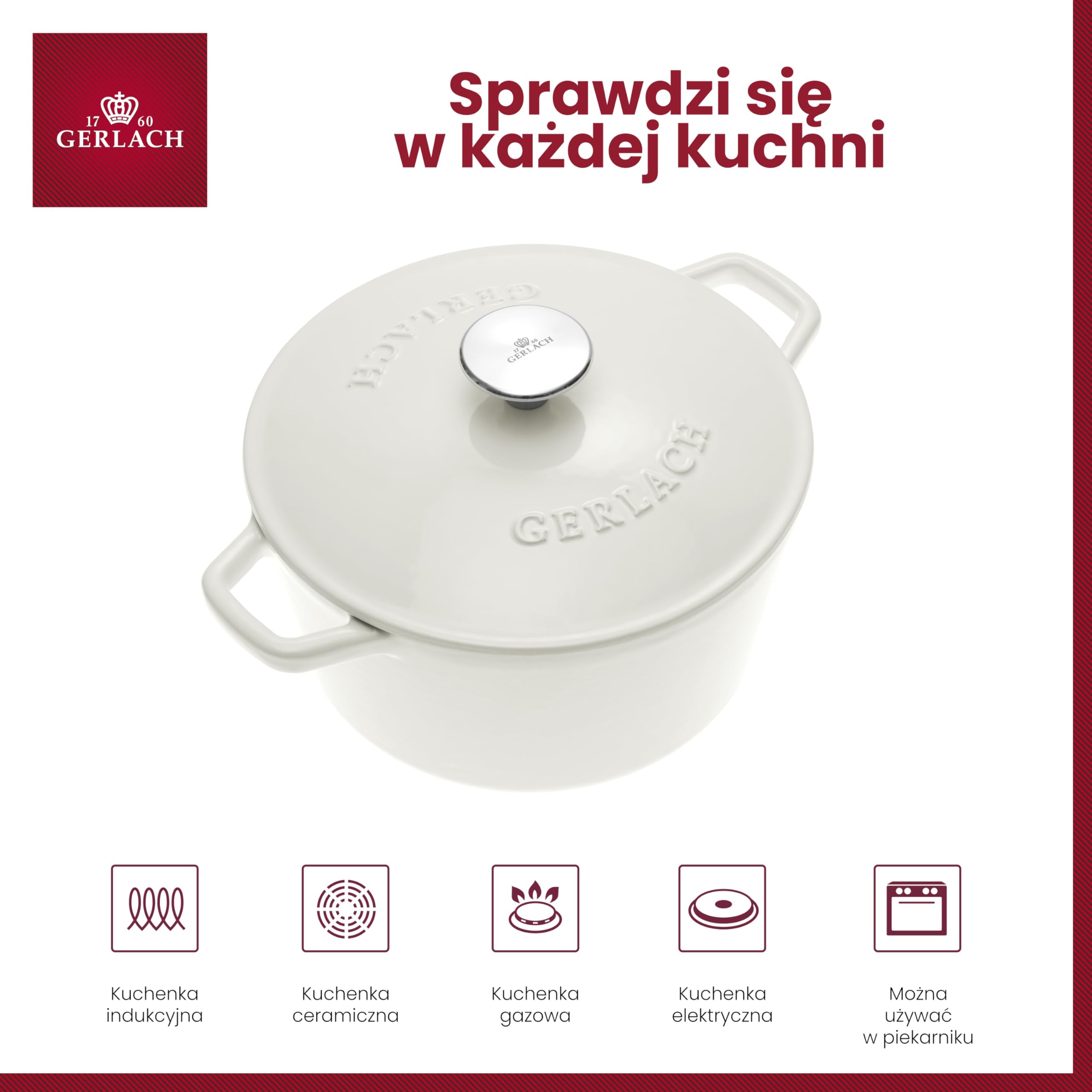 Gerlach Nature Iron Garnek Żeliwny 3 L z Pokrywką 21 cm na Indukcję Gas Garnek Emaliowany Garnek do Pieczenia Chleba Biały
