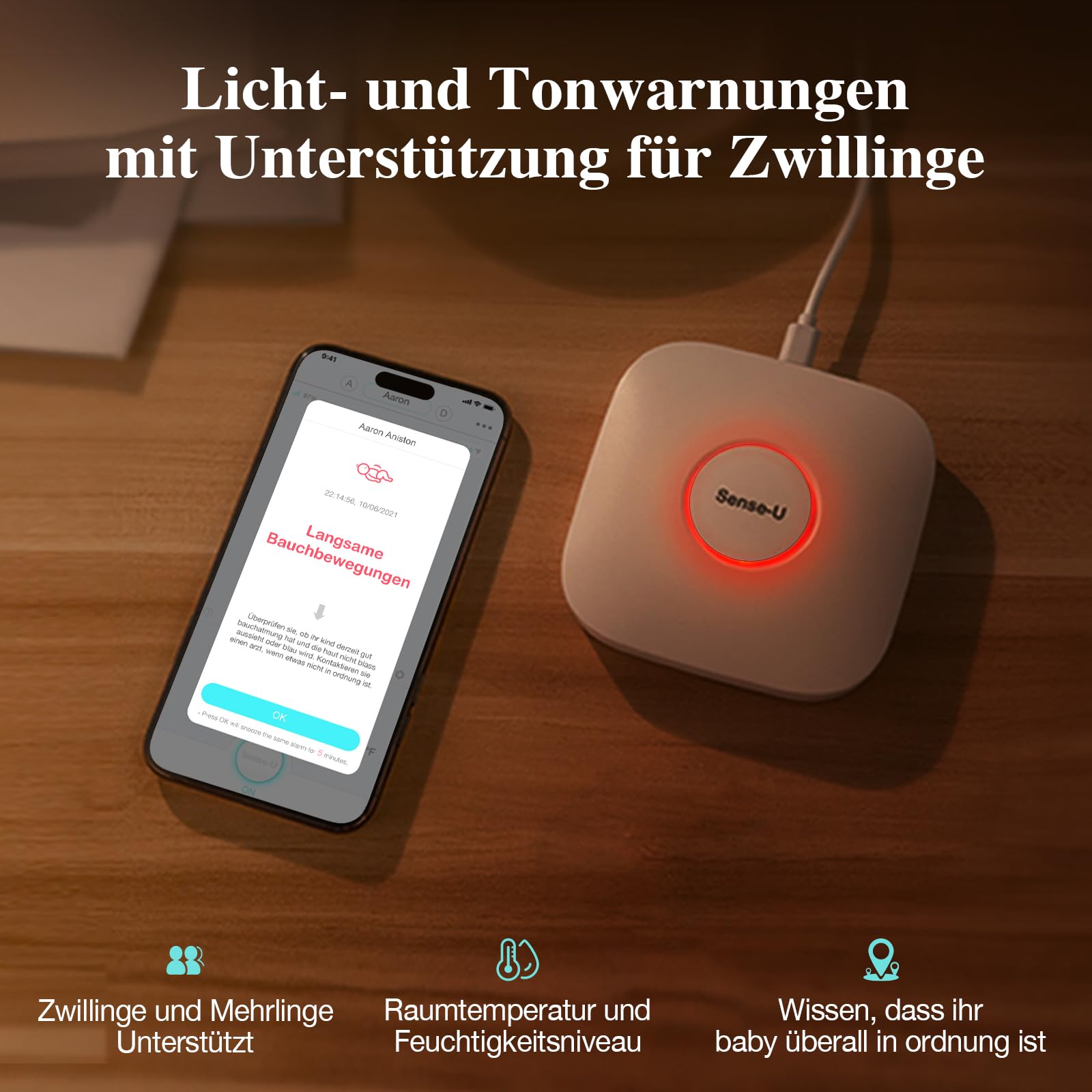 Sense-U Baby Monitor 3 mit Kamera,Babyphone,das Sie bei Bauchbewegungen,Rollen,Temperaturen und Erkannten Bewegungen Benachrichtigt, mit Nachtsicht,2-Wege-Sprechfunktion und Großer Reichweite
