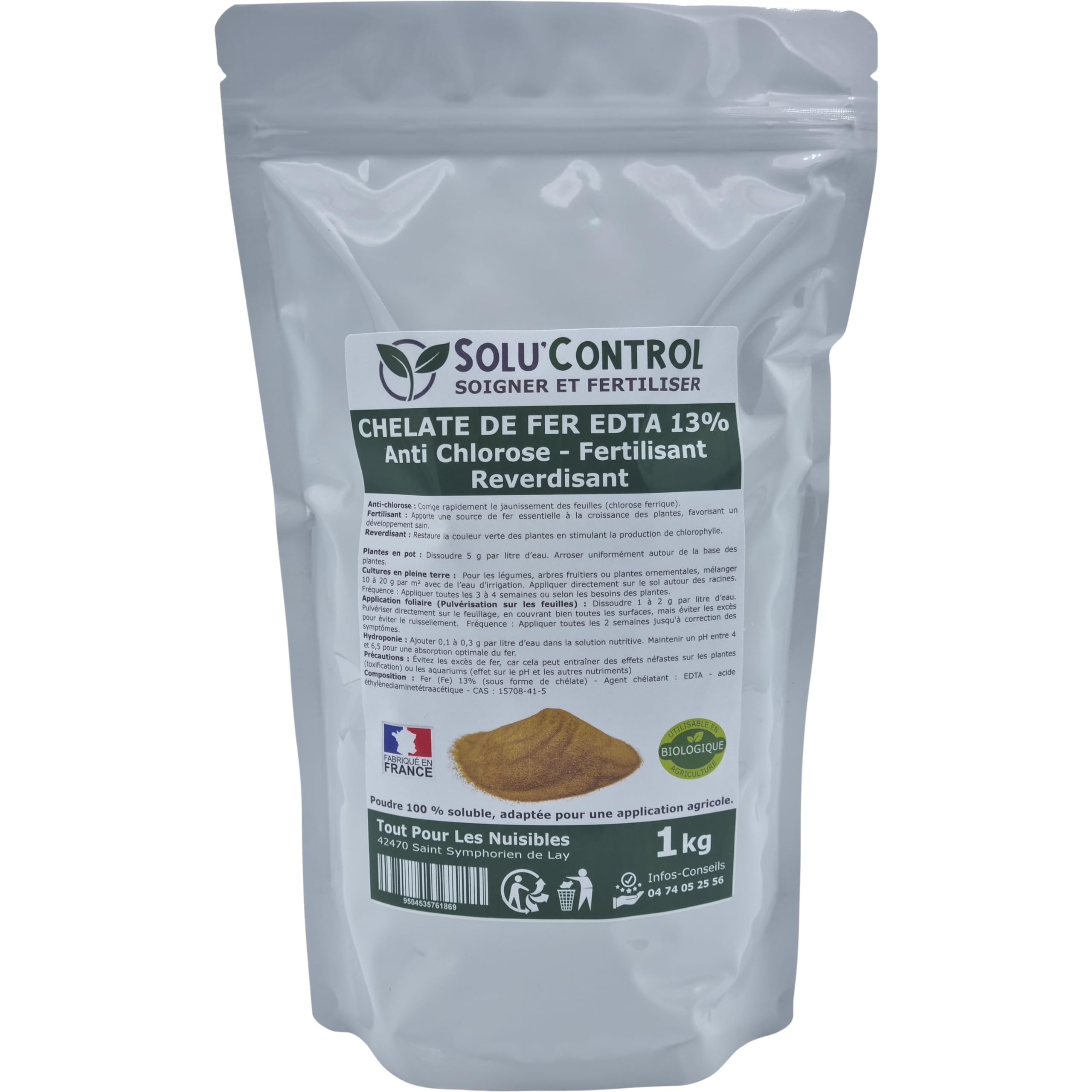 Solu'Control Chélate de Fer EDTA 13%, Anti-chlorose, Fertilisant, Reverdissant, 1 kg