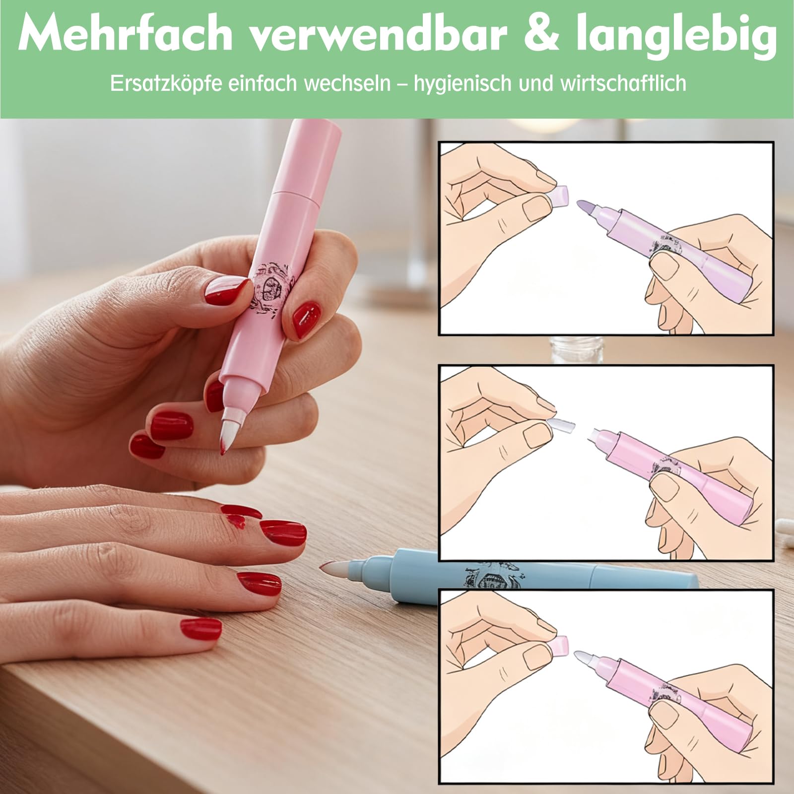 2 penne correttive per unghie, con punte in cotone sostituibili, facili da correggere per sporgenze e unghie francesi, ideali per la casa e i saloni di unghie