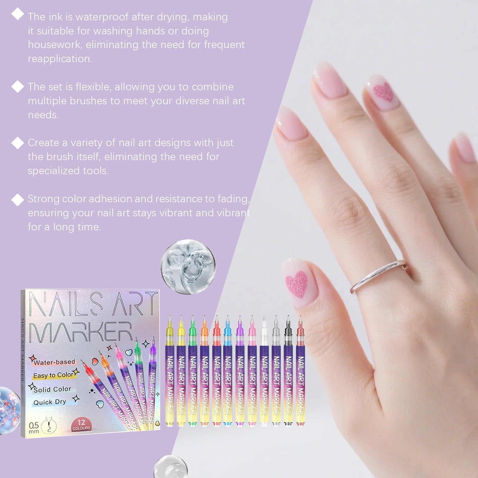 Pióro 3D Nail Art Zestaw 12 kolorów, flamastry do paznokci z metalową końcówką 0,5 mm, marker akrylowy, szybkoschnący marker akrylowy, narzędzie do manicure'u, do dekoracji paznokci i graffiti