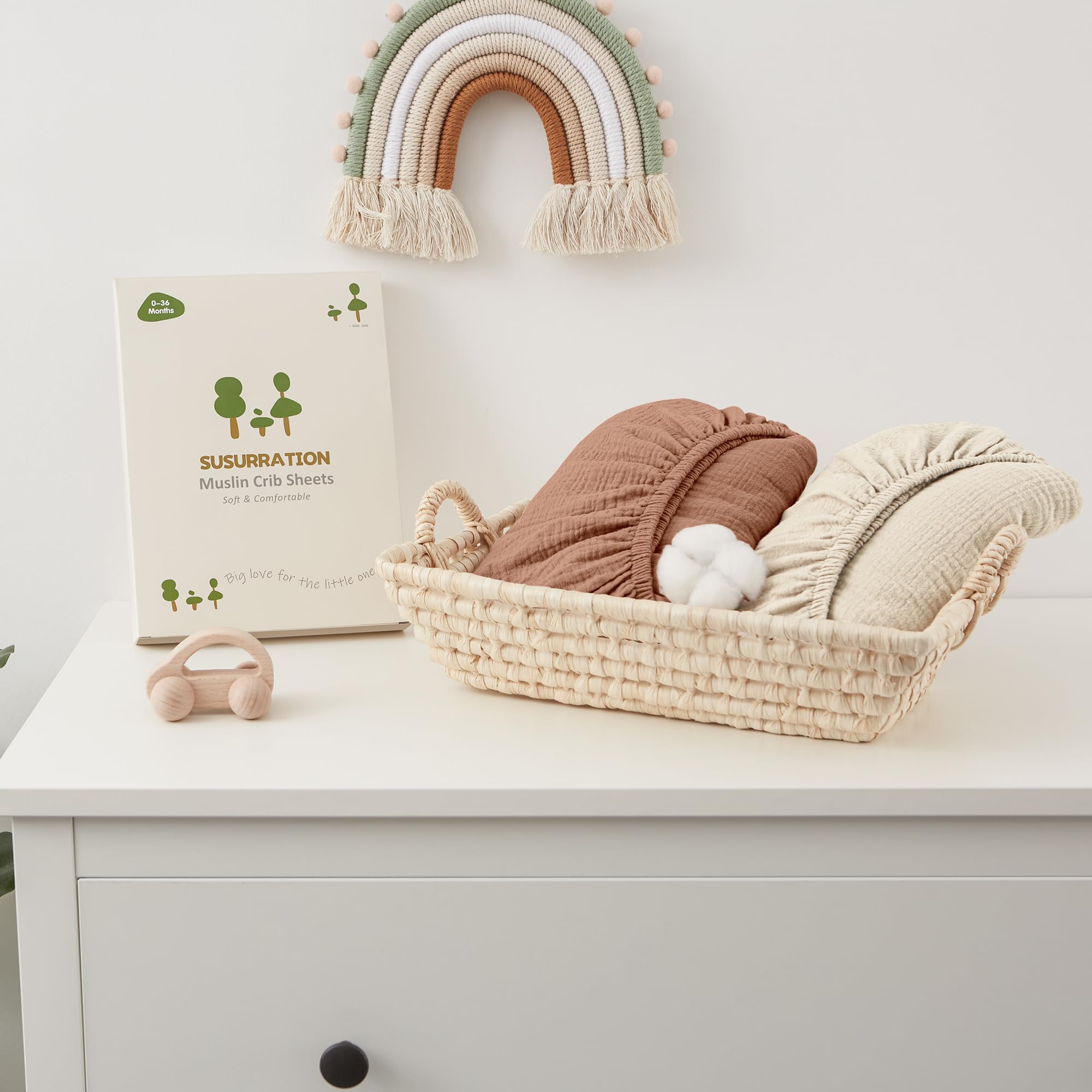 Susurration Lot de 2 Draps Housses pour Enfants 100% Coton Mousseline Draps de lit pour Bébé Drap Housse pour Lit de Voyage Draps D'appoint 60x120cm (Beige Marron)