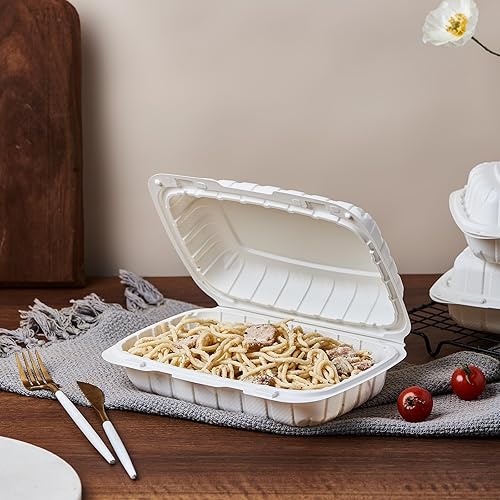 Miniatura 58 de Paquete de 50 bandejas de plástico de 8 x 8 pulgadas, 3 compartimentos, bandejas de comida para llevar, caja desechable Togo resistente para pasta