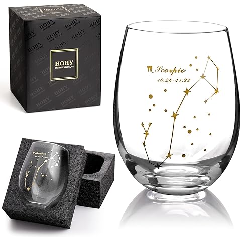HOHY Scorpio Wine Glass - 20oz Golden Stemless Constellation Glass, Zodiac Sign Horoscope Gift for Women Men, Astrology Define Design