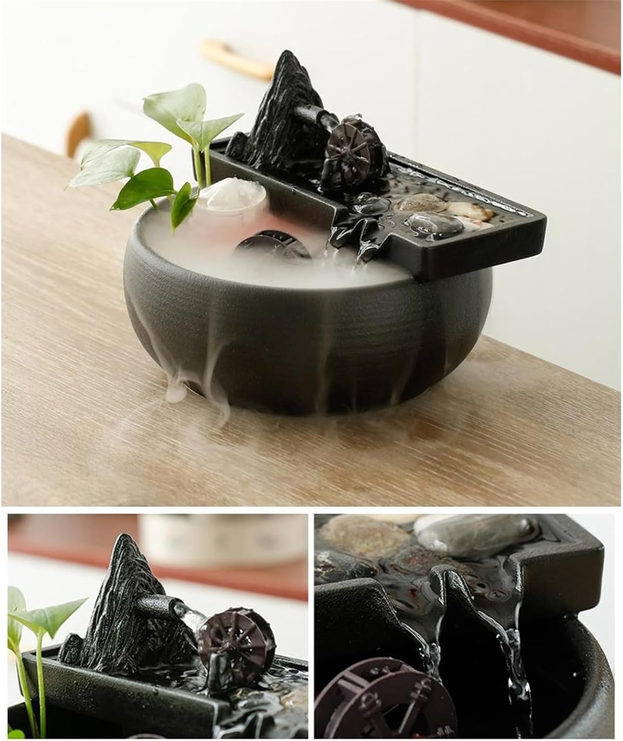 デスクトップデコレーション 流れる水の装飾品 風水ホイール付き屋内噴水