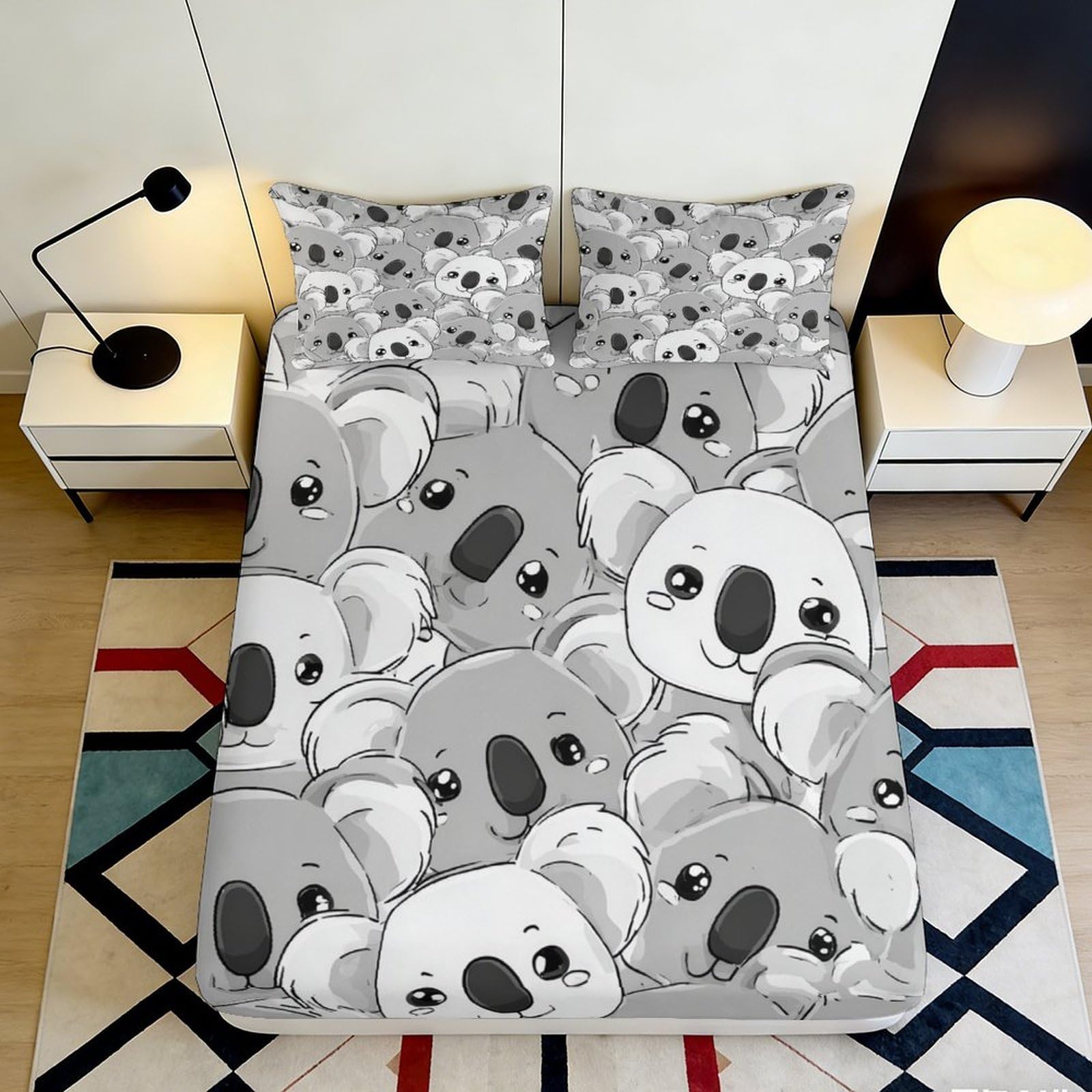 Pnayamiorkfel Style-8 3D Printed Cute Koala Fitted Sheet Microfiber Soft Cartoon Animal Mattress Cover Anti-Slip Washable For Bedroom Guest Room Decor 90X200x25cm