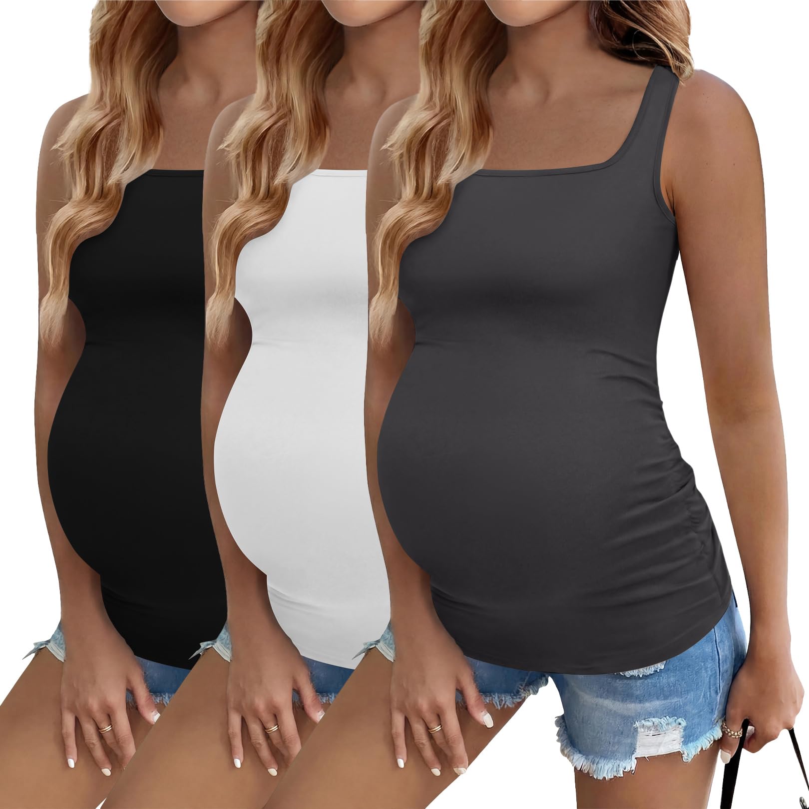 Ekouaer Maternity Tank Tops 3 Pack Square Neck Pregnancy Shirts for Women Summer Ruched Side Sleeveless Pregnant Clothes