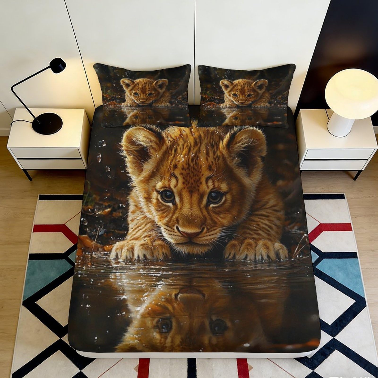 3D Printed Lion Cub Fitted Sheet Microfiber Soft Animal Pattern Bed Sheet for Bedroom Guestroom Mattress Cover Decor 90x200x25cm