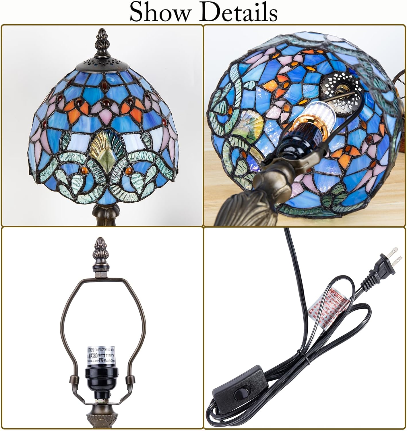 Small Tiffany Style Table Lamp,8 inch Blue Antique Stained Glass 3-Color-Temperature Light for Bedside Living Room Office Decor Home Included LED Bulb