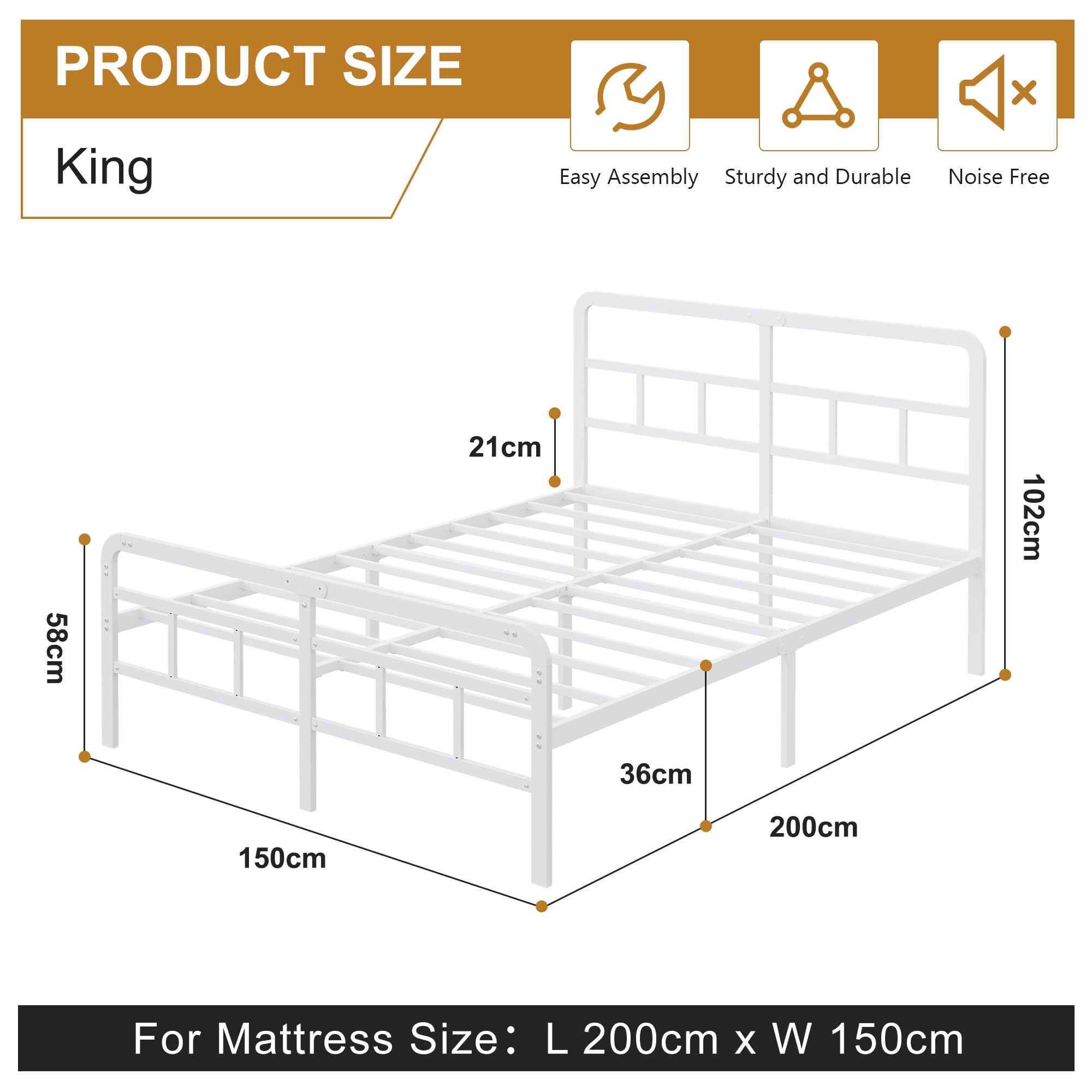 Yicensen Letto Matrimoniale 150x200 cm con Testiera e Pediera in Metallo, Rete a Doghe in Metallo Altezza 36cm, Giroletto Letto Stabile, Facile Montaggio, Silenzioso, Moderno Bianca