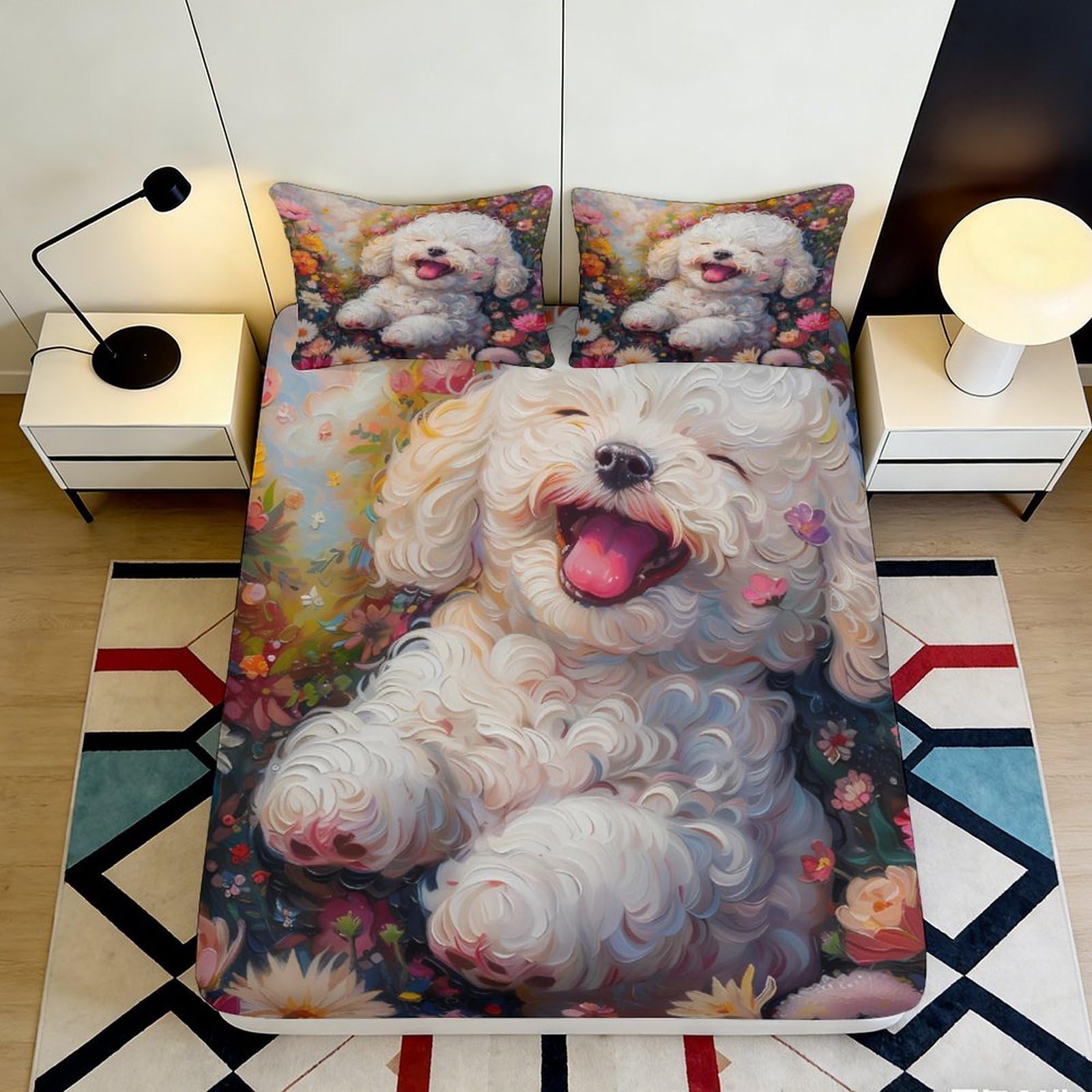 3D Printed Happy Bichon Frise Fitted Sheet Microfiber Soft Breathable Floral Dog Mattress Cover for Bedroom Dormitory Guest Room Protection Decor 90x200x25cm