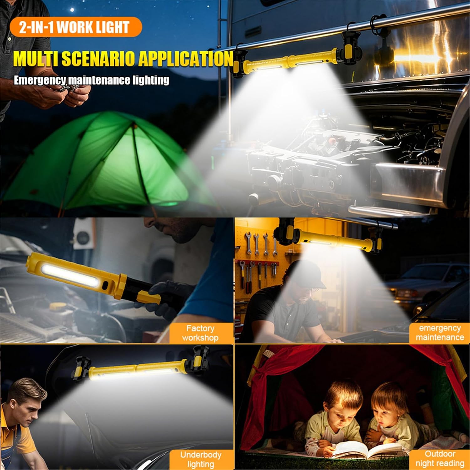 Magnetic Work Light for Mechanic, 2000LM LED, 4000mAh Rechargeable, Magnetic, Underhood Work Light with Hooks for Car Repairing, Garage, Workshop, Emergency Yellow