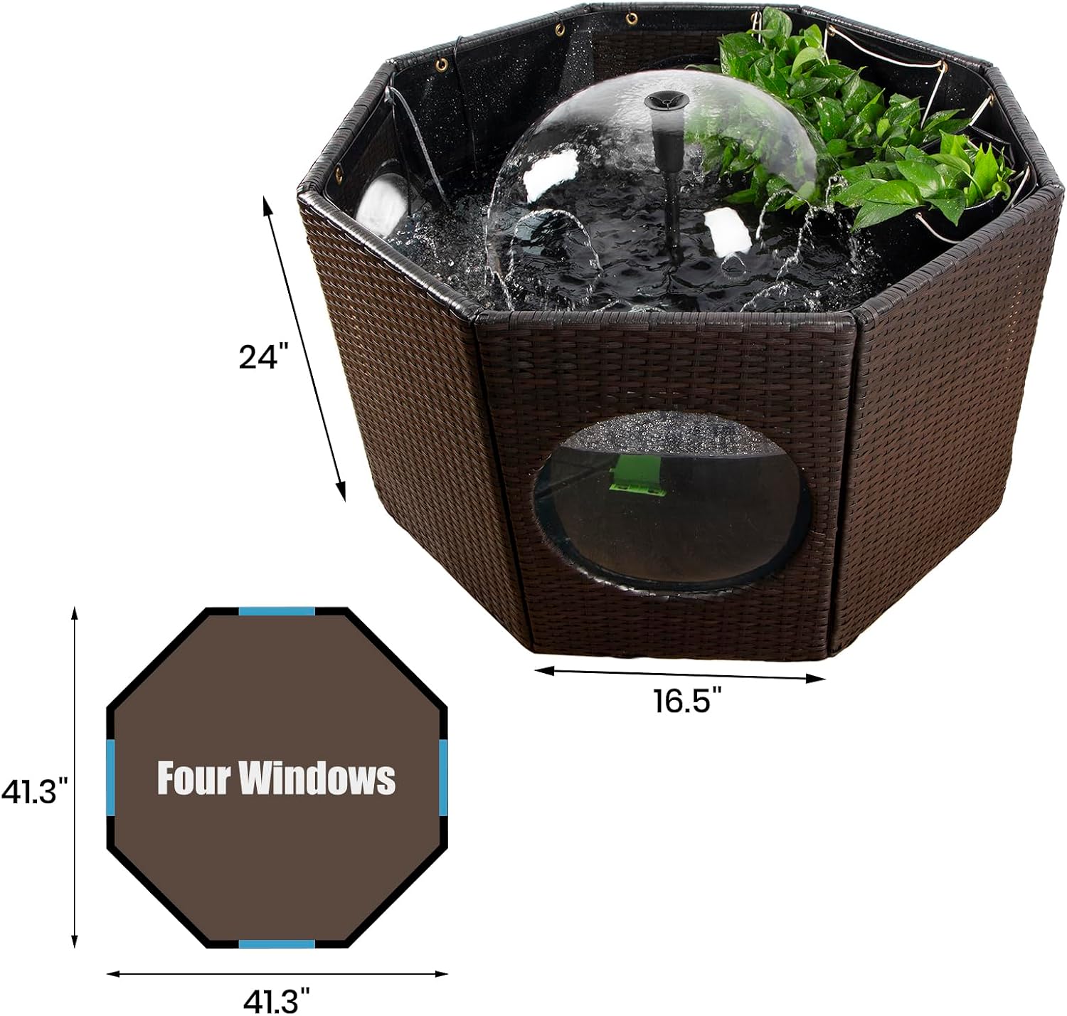 120 Gallon No Dig Outdoor Fish Pond Kits, Above Ground Fish Tank Rattan Pond with 4 Clear Windows,Koi Pond Includes Filter Pump & Spray Fountain,Thick Liner, Raised Fish Pond Easy Setup