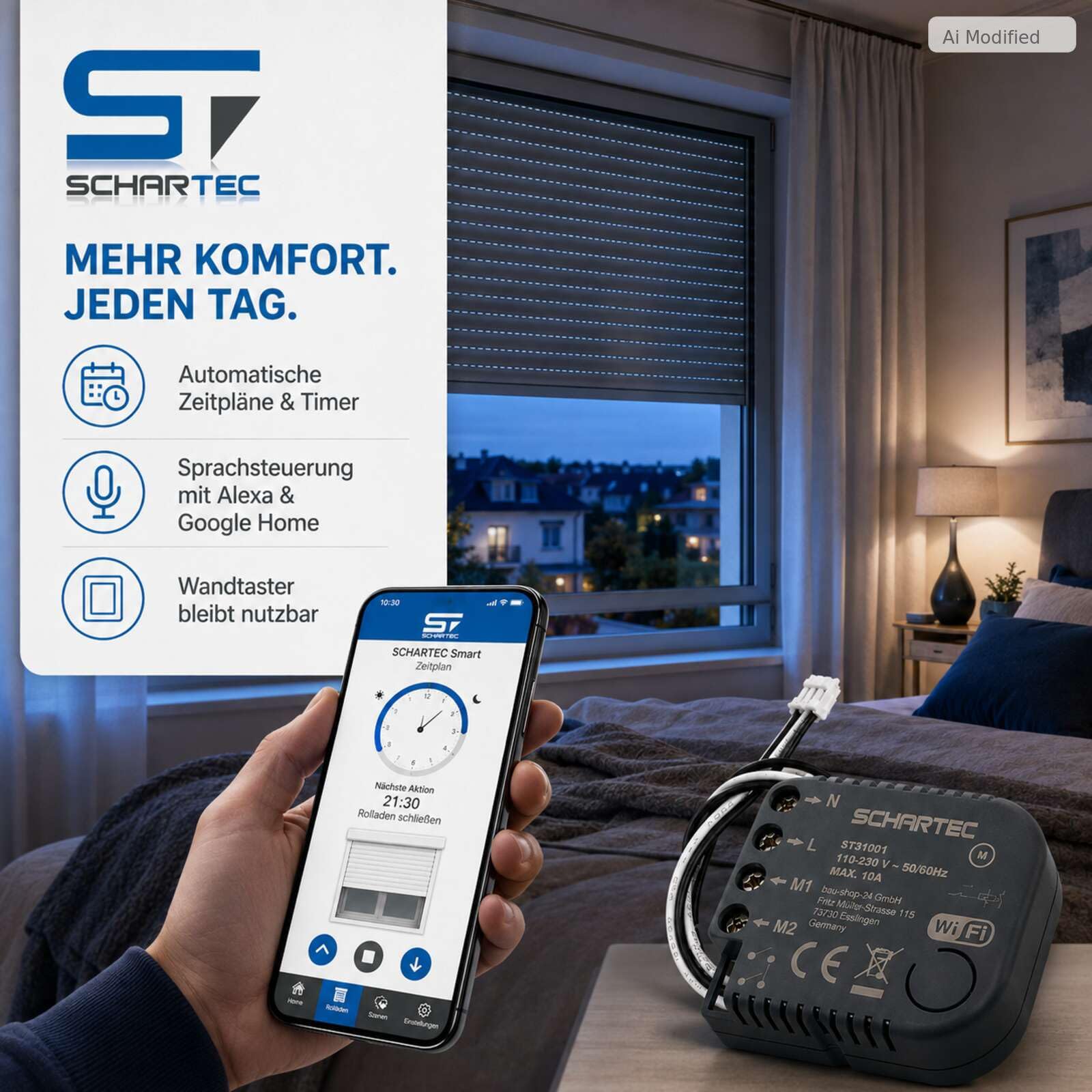 SCHARTEC Interruptor de persiana con wifi inteligente, control de persiana con wifi, control de persianas Tuya Alexa Google Comptaible, APP, actuador (juego de 4)