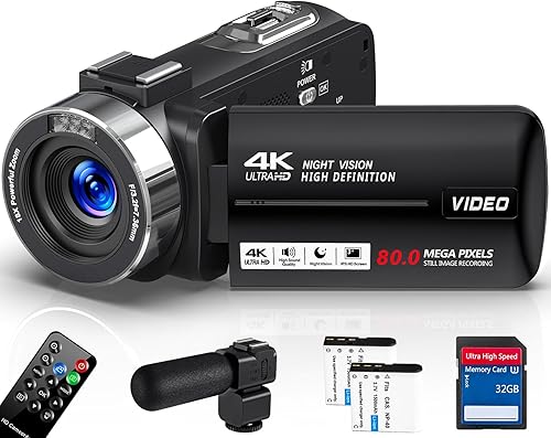 Videocámara 4K 80MP Cámara de vídeo 18X Zoom digital 3.0 IPS Pantalla Vlogging Cámara para YouTube IR Visión Nocturna Grabadora de Video con Tarjeta