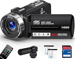 Filmadora 4K 80MP,Câmera de vídeo, Zoom Digital 18x, Visão Noturna, Tela Giratória 3 Polegadas, Controle Remoto 2.4G, Microfone Externo,Profissional para Vlog, Cartão 32GB, 2 Baterias
