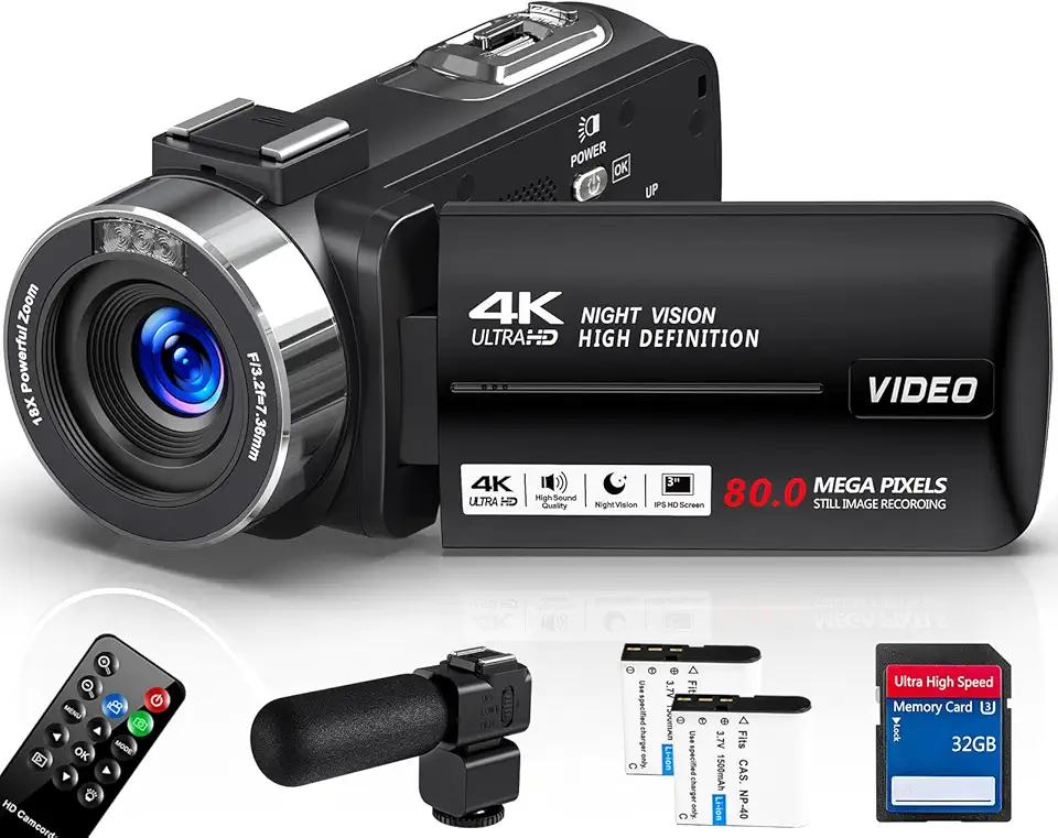 Filmadora 4K 80MP,Câmera de vídeo, Zoom Digital 18x, Visão Noturna, Tela Giratória 3 Polegadas, Controle Remoto 2.4G, Microfone Externo,Profissional para Vlog, Cartão 32GB, 2 Baterias