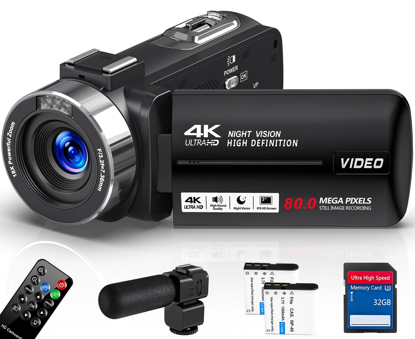 Camcorder Video Camera 4K HD 80MP Vlogging Camera for YouTube IR Night Vision Camera 18X Digital Zoom 3.0 IPS Screen Video Recorder with 32GB SD Card, 2 Batteries, Remote Control