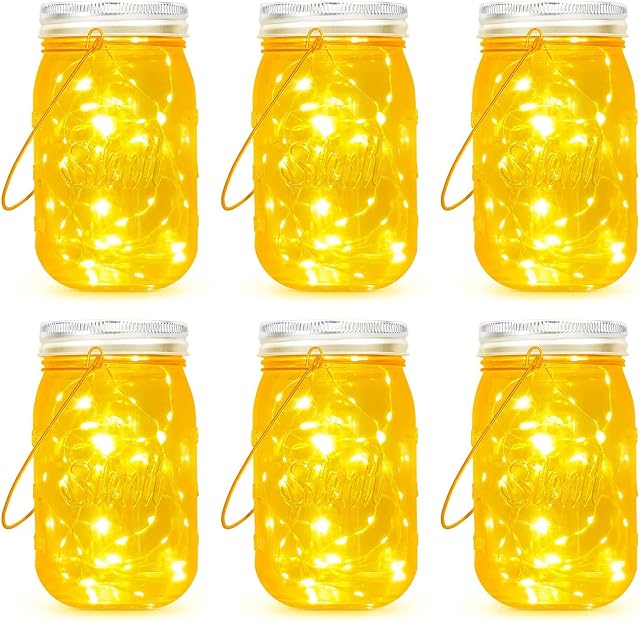 TTKTK Hanging Mason Jar Solar Lights, 6 Pack Fairy Lights with Jars and Hangers, IPX6 Waterproof Hanging Solar Lights Outdoor, Solar Lanterns for Balcony Backyard Garden Fence Patio Decor
