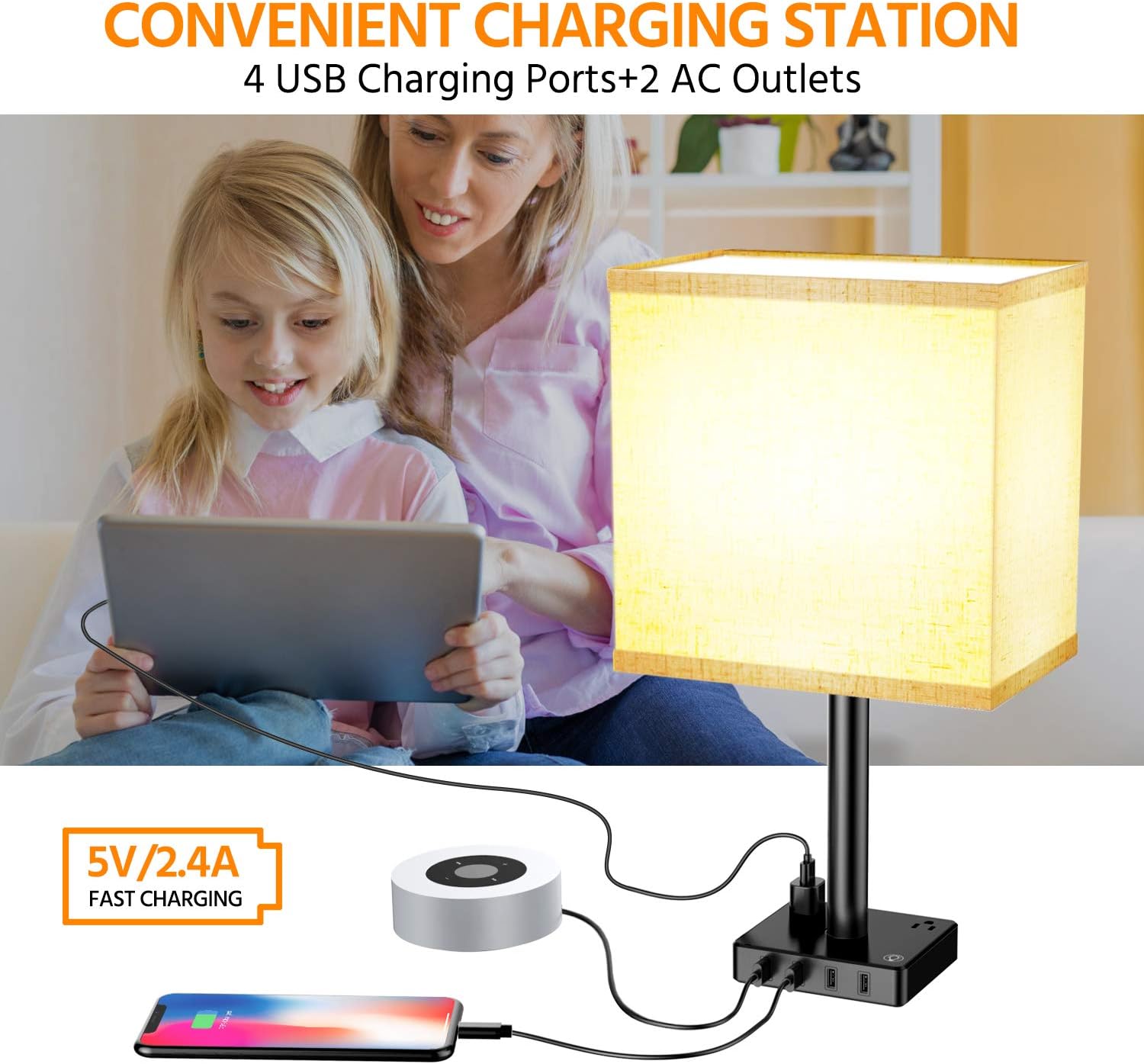 Touch Control USB Table Lamp, 3-Way Dimmable Nightstand Lamp with 4 Fast Charging USB Ports & 2 Outlet, USB Beside Table Lamp Included 2700K 800LM Bulb for Bedrooms Living Room Office Reading