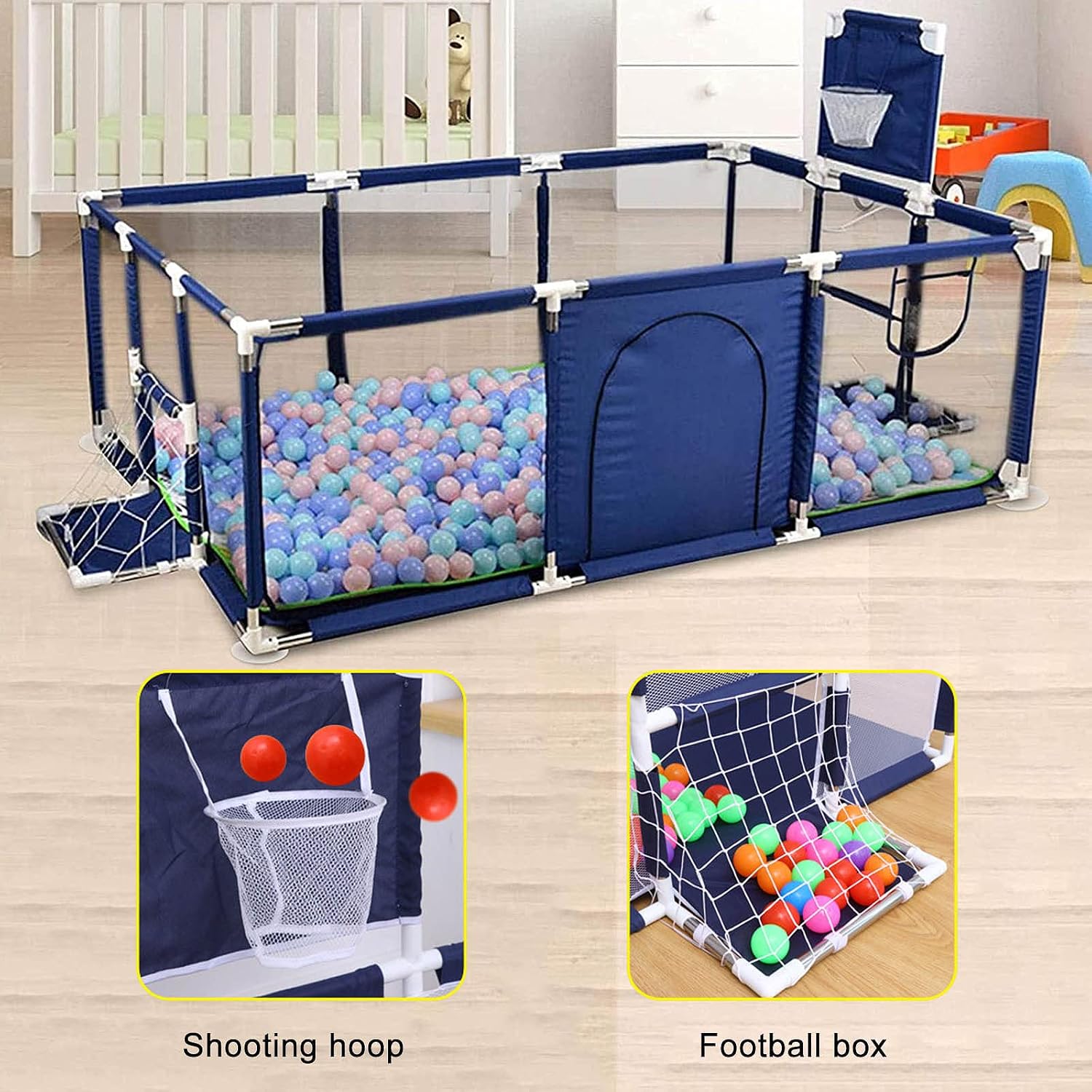 Baby Playpen,Portable Oxford Cloth Baby Fence with Breathable Mesh,Indoor Outdoor Large Safety Playard,Playpen for Baby and Toddlers,with Basketball Hoop and Soccer Gate,190×129×66cm