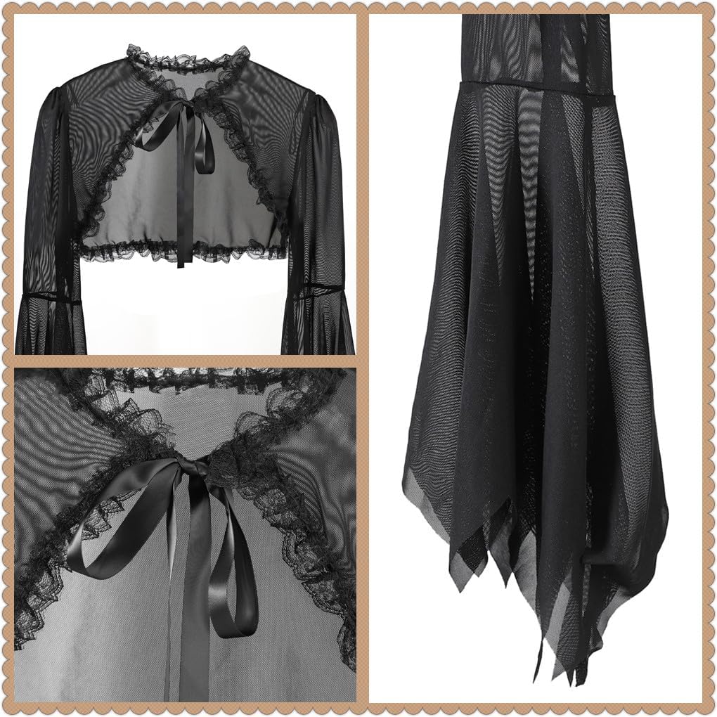 Women Goth Shrug Crop Top Lace Sheer Mesh Black Gothic Punk Fishnet Cover Up Long Sleeve Shawl Shrug Cardigan Witch Cosplay - Image 5