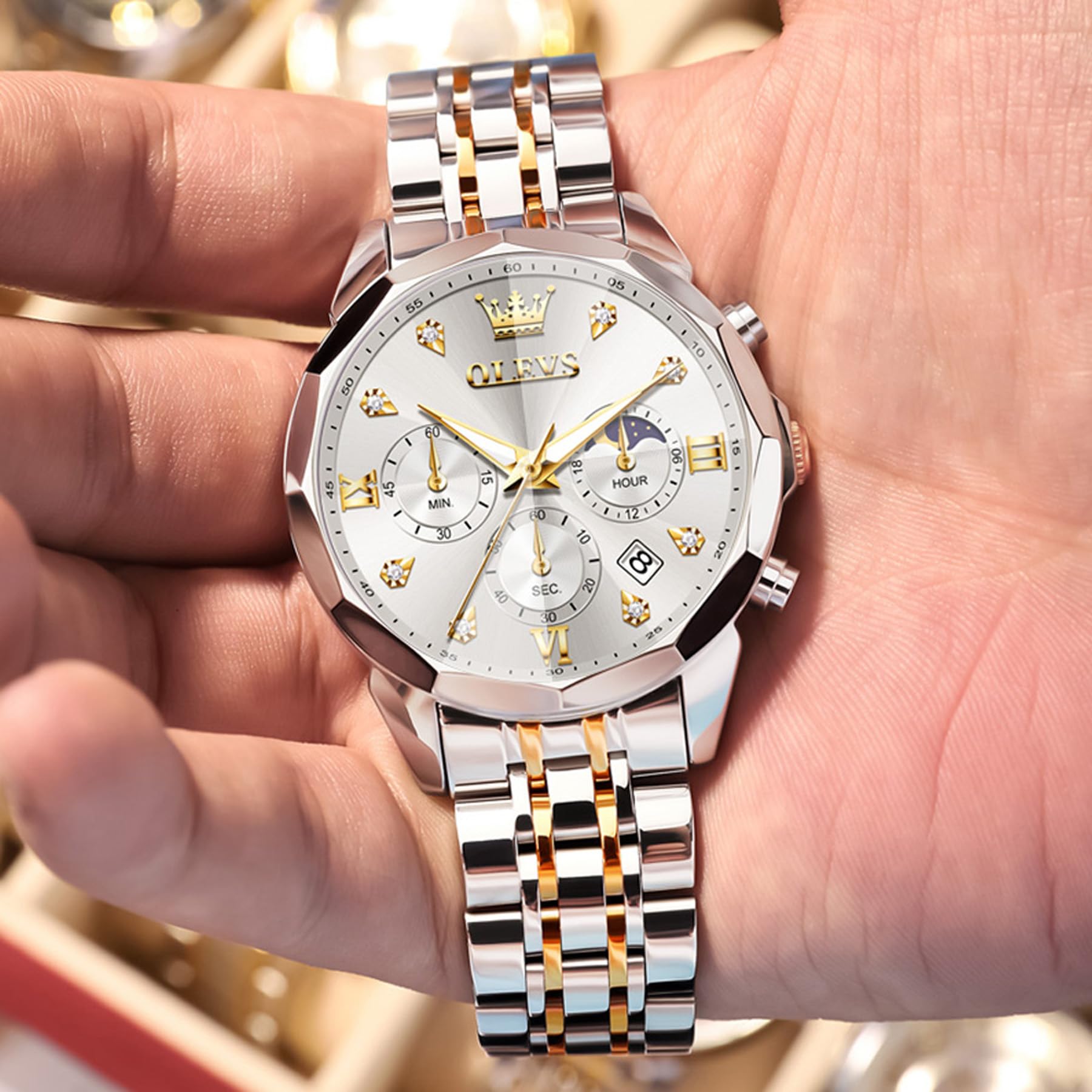 OLEVS Reloj para Hombre, cronógrafo Multifuncional con 4 subesferas, manecillas Luminosas, Fecha, Resistente al Agua hasta 3 ATM, Correa de Acero Inoxidable, Reloj de Cuarzo para Vestir de Negocios