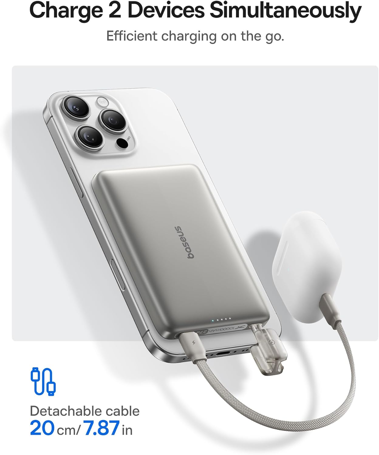 Baseus Picogo Qi2 15W Magsafe Portable Charger, 0.5" Ultra Slim 10000mAh Wireless Power Bank with 27W Built-in USB-C Cable, Magnetic Battery Pack for iPhone 17 Pro Max/17 Pro/Air/16/15/14/13/12