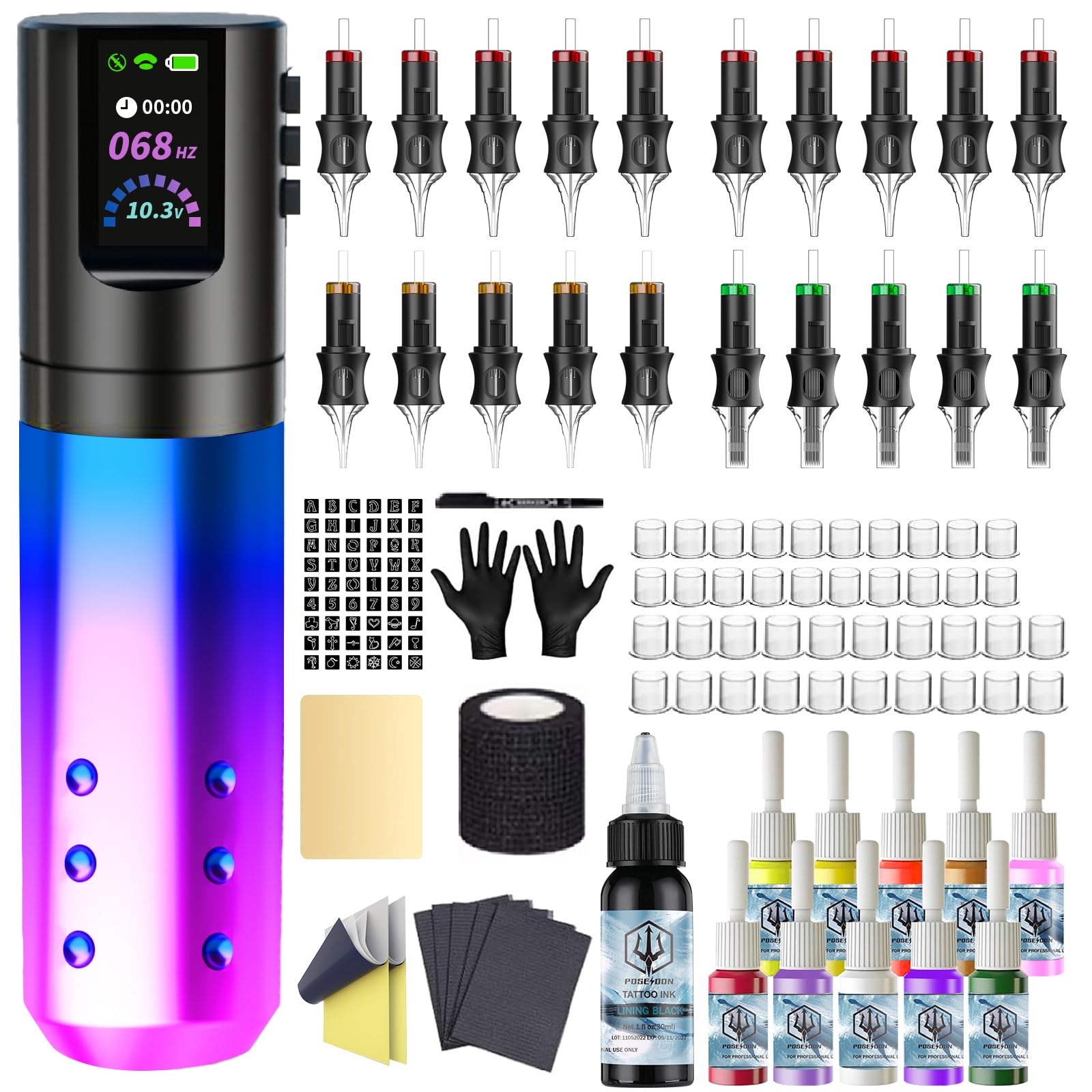 POSEIDON Set di macchine per tatuaggi wireless con 20 aghi per cartuccia, set di inchiostri e batterie | dispositivo per tatuaggi professionale per principianti | kit completo (HM132)