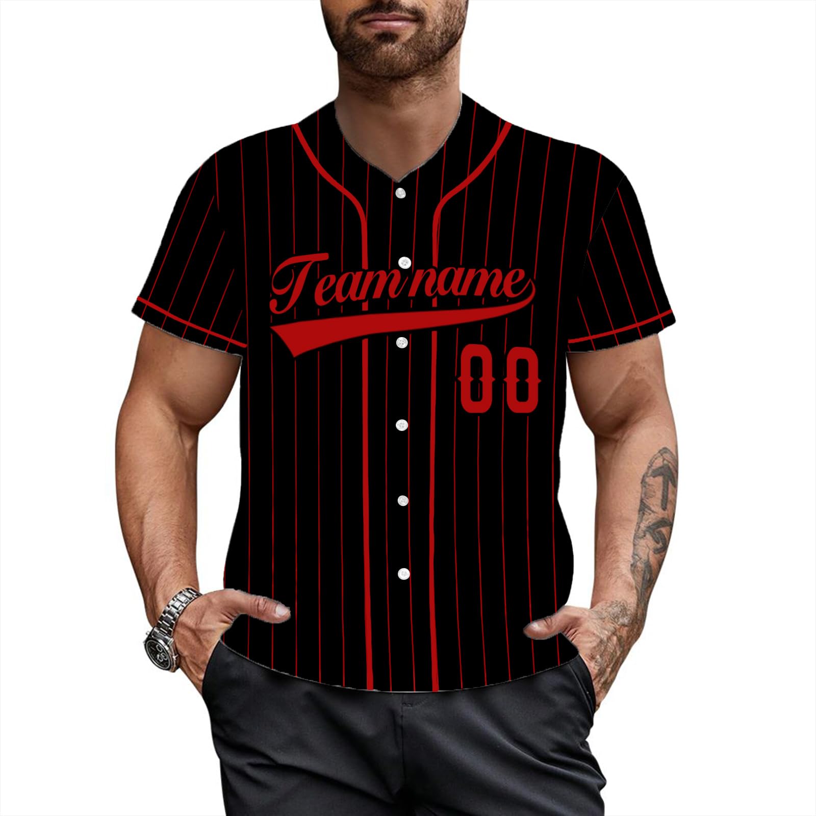 Custom Stripe Baseball Jersey - Personalized Team Name Softball Shirts - Customized Sport Uniform for Men Women (Polyester, Black&Red-06)