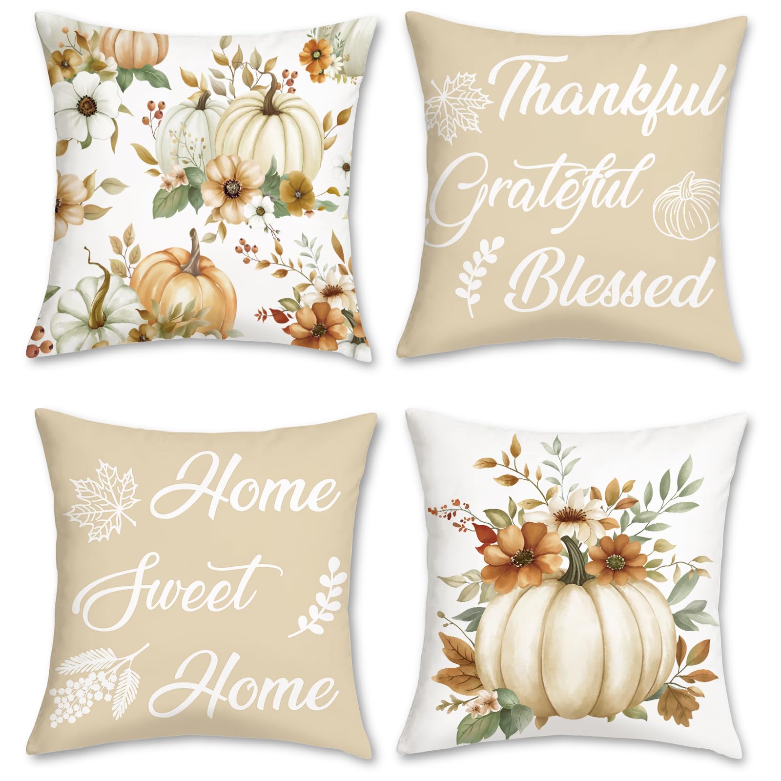 COZZSNUGE Fall Pumpkin Throw Pillow Covers Beige Orange Pumpkins Floral Thanksgiving Farmhouse Velvety Decorative Pillowcases for Sofa Bed