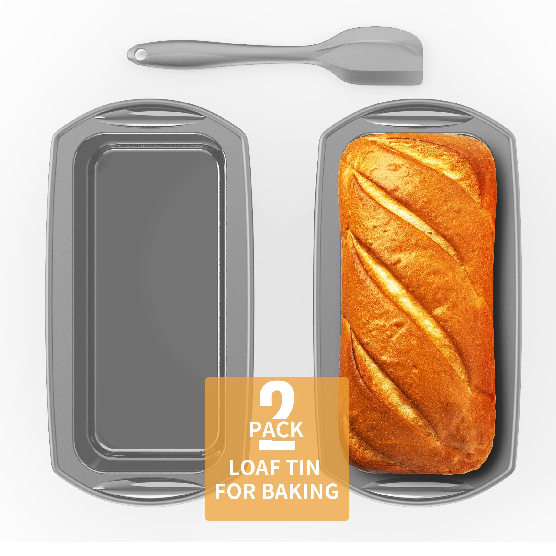Ankway Rechteckige Brotbackform aus Silikon mit Teigschaber, Set mit 2 antihaftbeschichteten Silikonformen für Kuchen und Brot, 28 x 14,3 x 6,3 cm, Grau