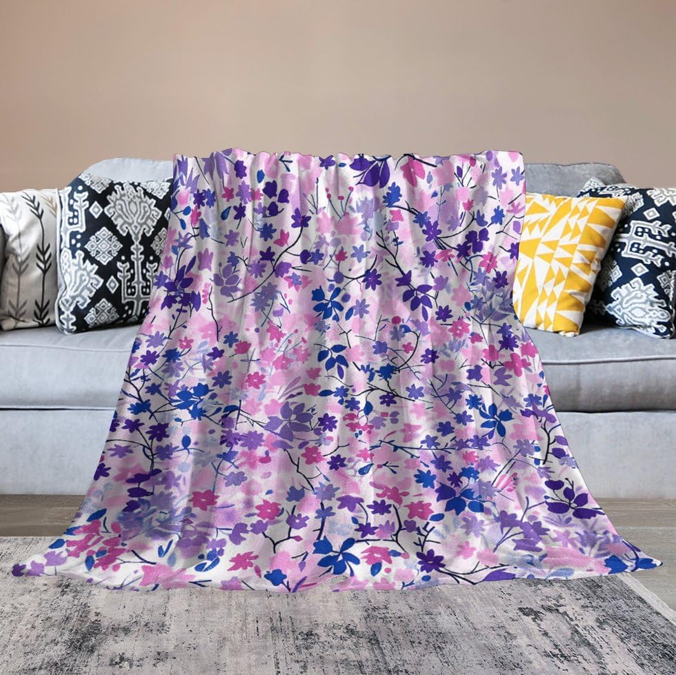 Couverture douce anti-froid pour lit, plaid flanelle fleurs bleues 152cm