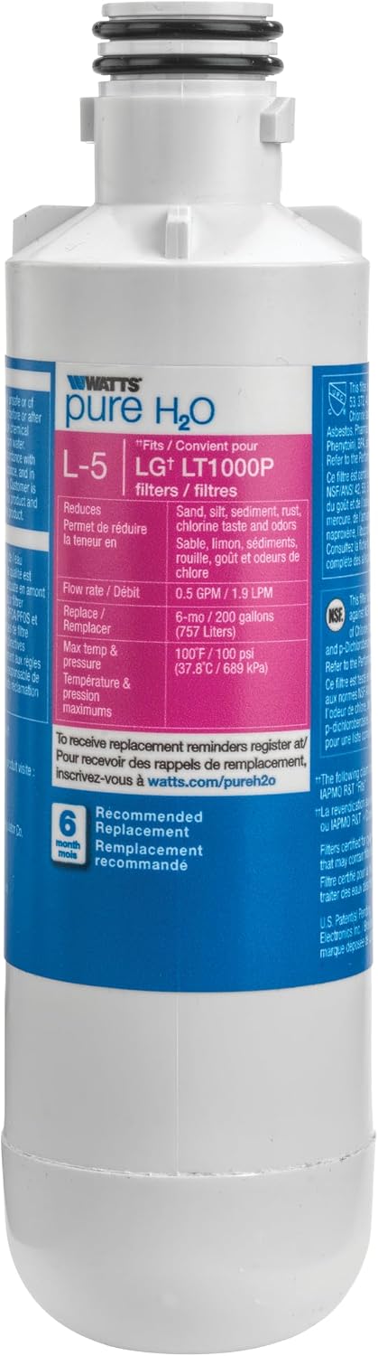 Watts L-5 LG Refrigerator Water Filter Replacement Cartridge, Compatible with LT120F/ADQ73613901, 6-Month Life, Reduces Lead, Chlorine, Taste & Odor, NSF Certified
