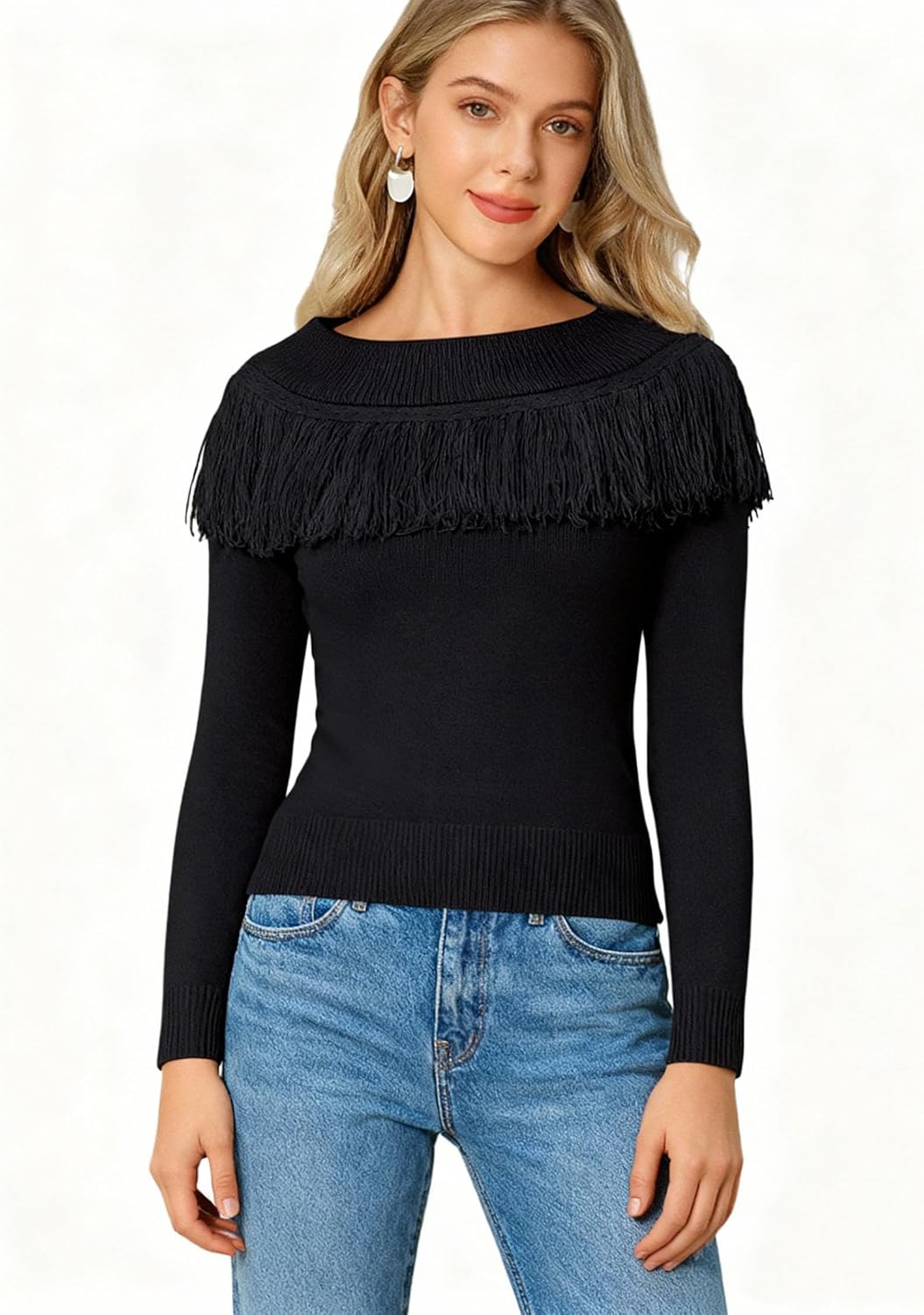 WLLW Women's Fringe Tops Juniors Boat Neck Sweater Long Sleeve Pullover Sweater Slim Fit Off Shoulder Sweaters - Image 5