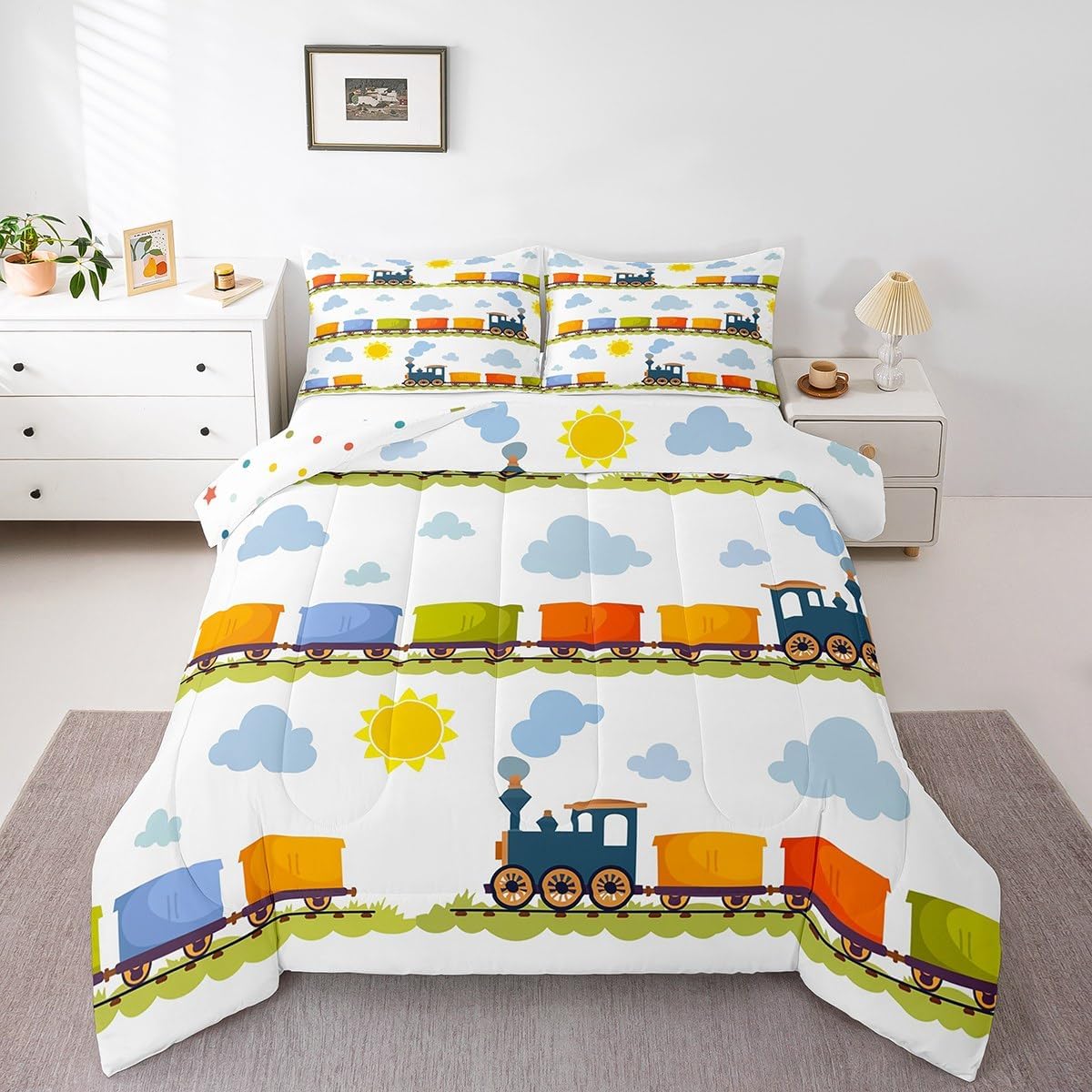 jejeloiu Cartoon Vintage Train Comforter Set Toddler Kids Steam Engine Railway Transportation Bedding Set for Boys Girls Kawaii Retro Vehicle Locomotive Car Duvet Quilt Room Decor
