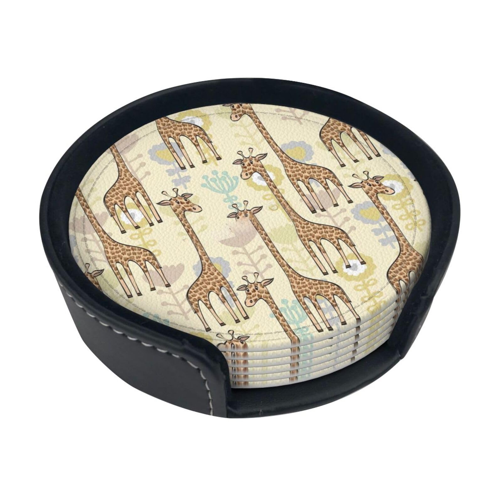Hand Drawn Giraffes Print Round Coasters Set Of 6,Coaster For Tabletop Protection Home Bar Decor