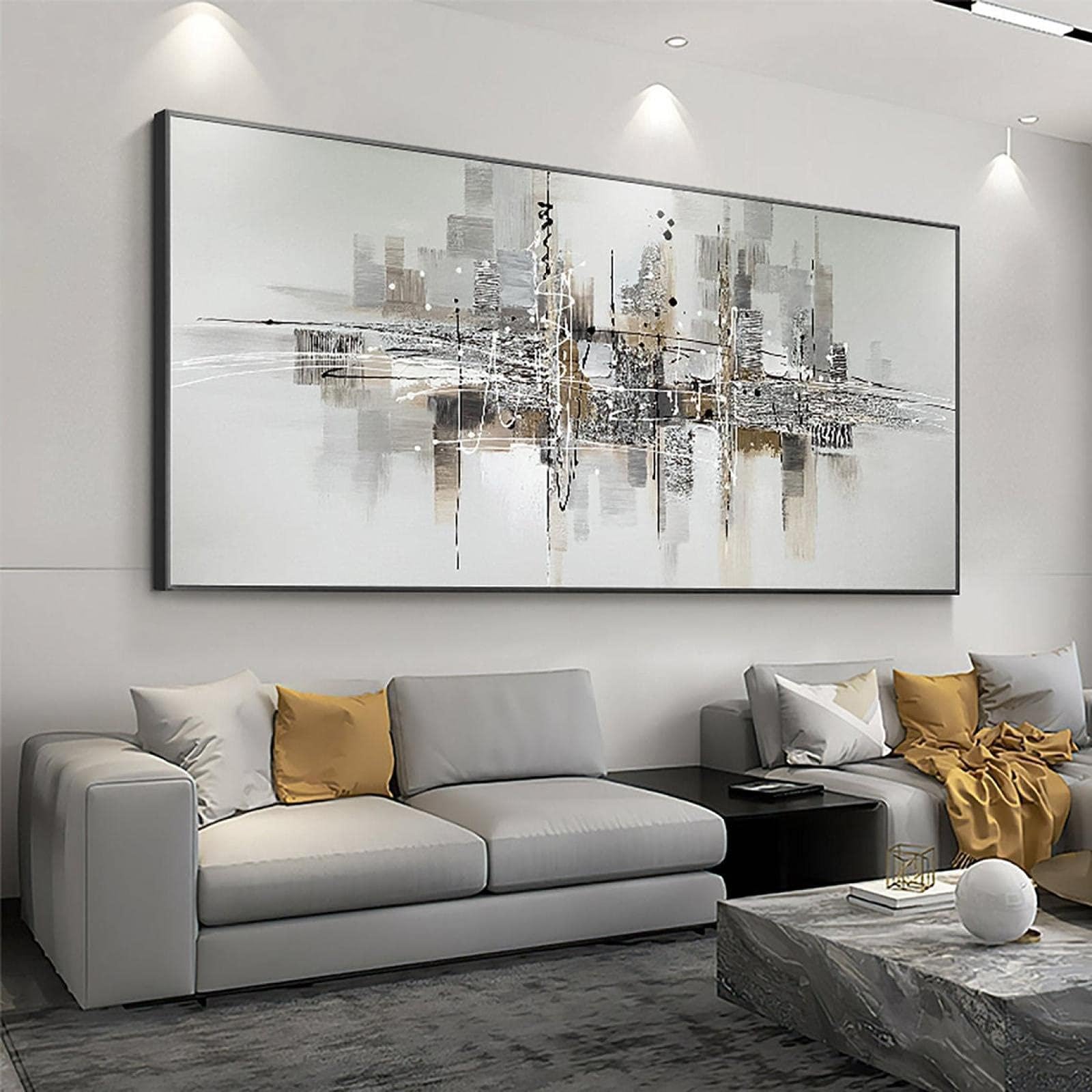 Jacbon Frameless Large Size Gray Abstract Black & White Canvas Art: Modern Painting For Living Room Decor 60X120cm（24X47inch