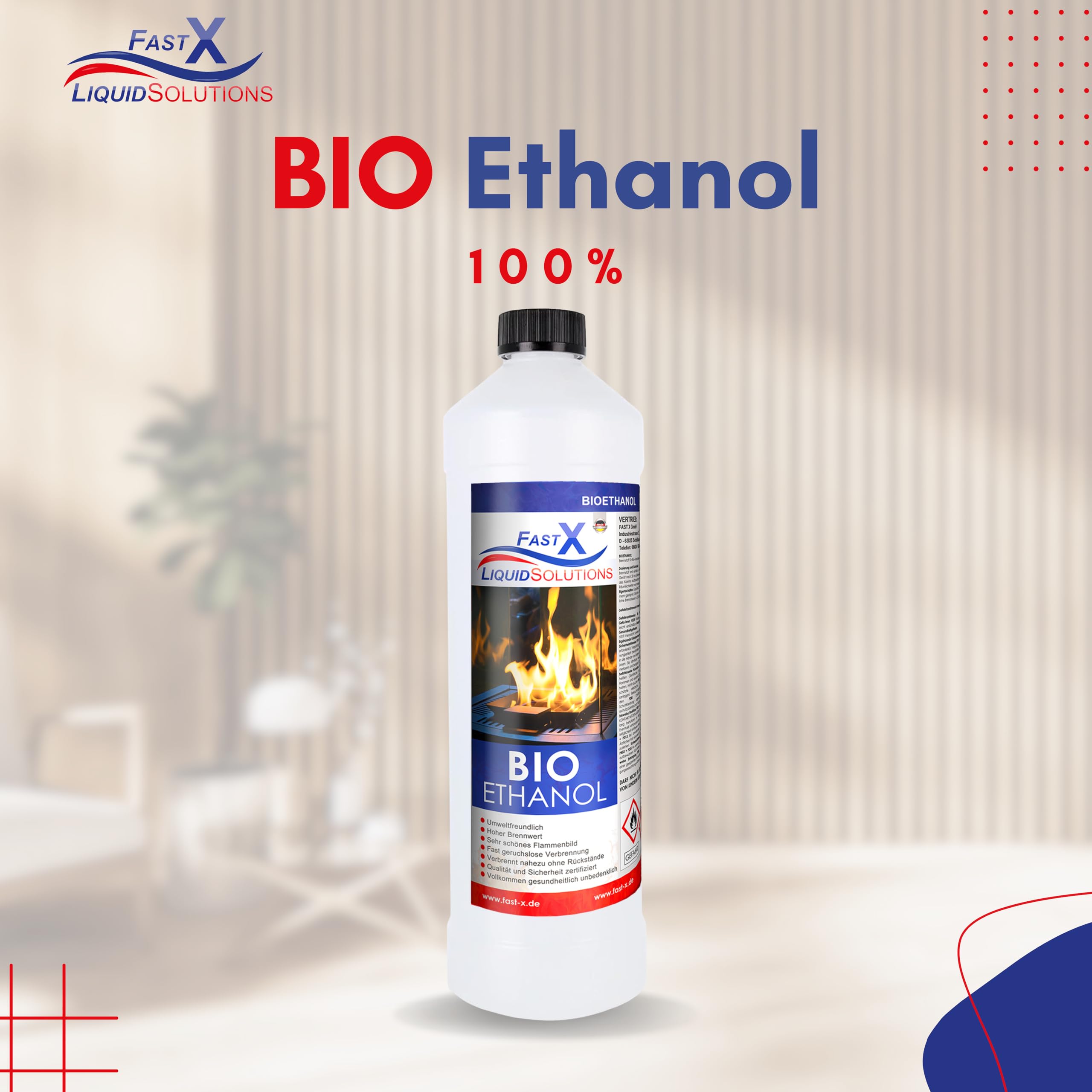 Fast X Bio Ethanol 30x1L - 100% Natürlich, für Ethanol-kamine & Tischkamine. Umweltfreundlich & geruchsfrei, sicher für Raum- & Gartenfeuer mit rückstandsloser Verbrennung