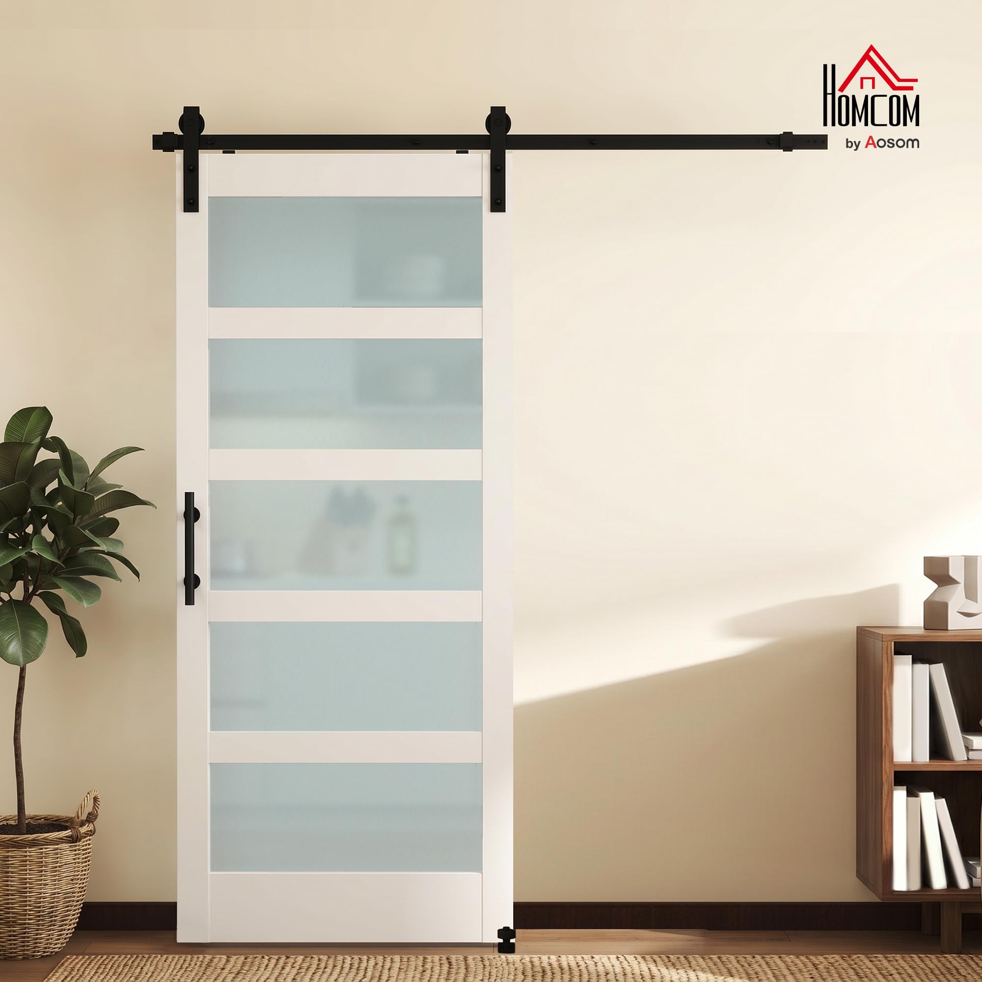HOMCOM Porta Scorrevole Interno 91.4x213.4cm in Vetro Satinato, MDF e Pino, Binario Silenzioso in Acciaio, Kit Ferramenta, Maniglia Migliorata, Porta da Interno Stile Industriale, Impermeabile, Bagno